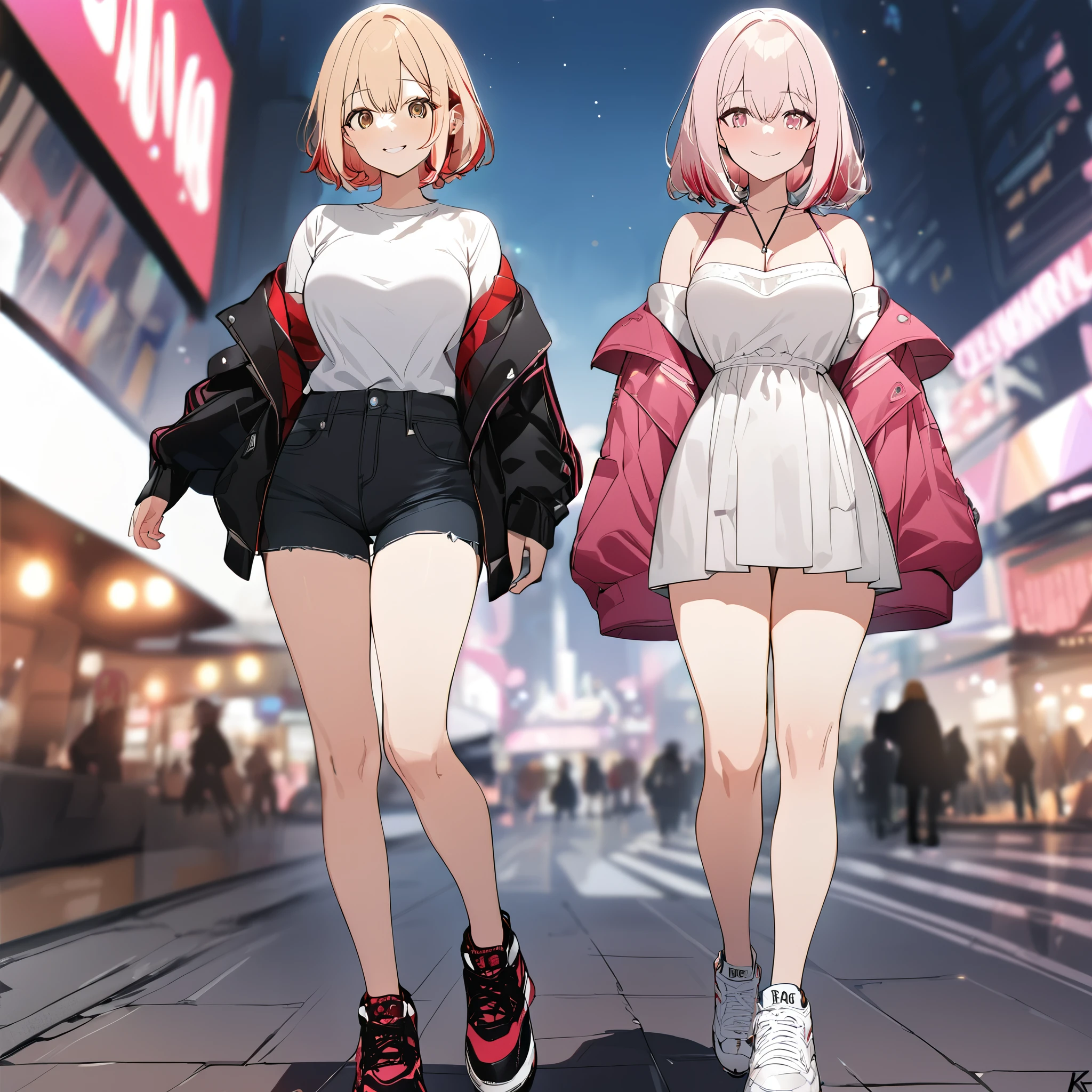 two women walking on the sidewalk of Tokyo at night (Kms Roon, woman with short blonde hair, with red bangs, multicolored hair, white shirt, black leather jacket, black denim shorts, exposed leg, brown eyes, smiling), (Akane Shinjō , short pink hair, hot pink hair, pink eyes, wearing a white dress, open pink jacket, wearing sports sneakers, smiling). UHD, masterpiece, accurate, anatomically correct, textured skin, super details, high quality, best quality, 8k, high resolution, bokeh effect. (two women)
