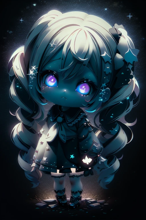 High quality、plastican00d、Realistic Light、Spotlight from above、pretty girl、Black Gothic Fashion、Two-headed appearance、Doll、Chibi、plastic、Roll Twin Tail、Bright starry sky