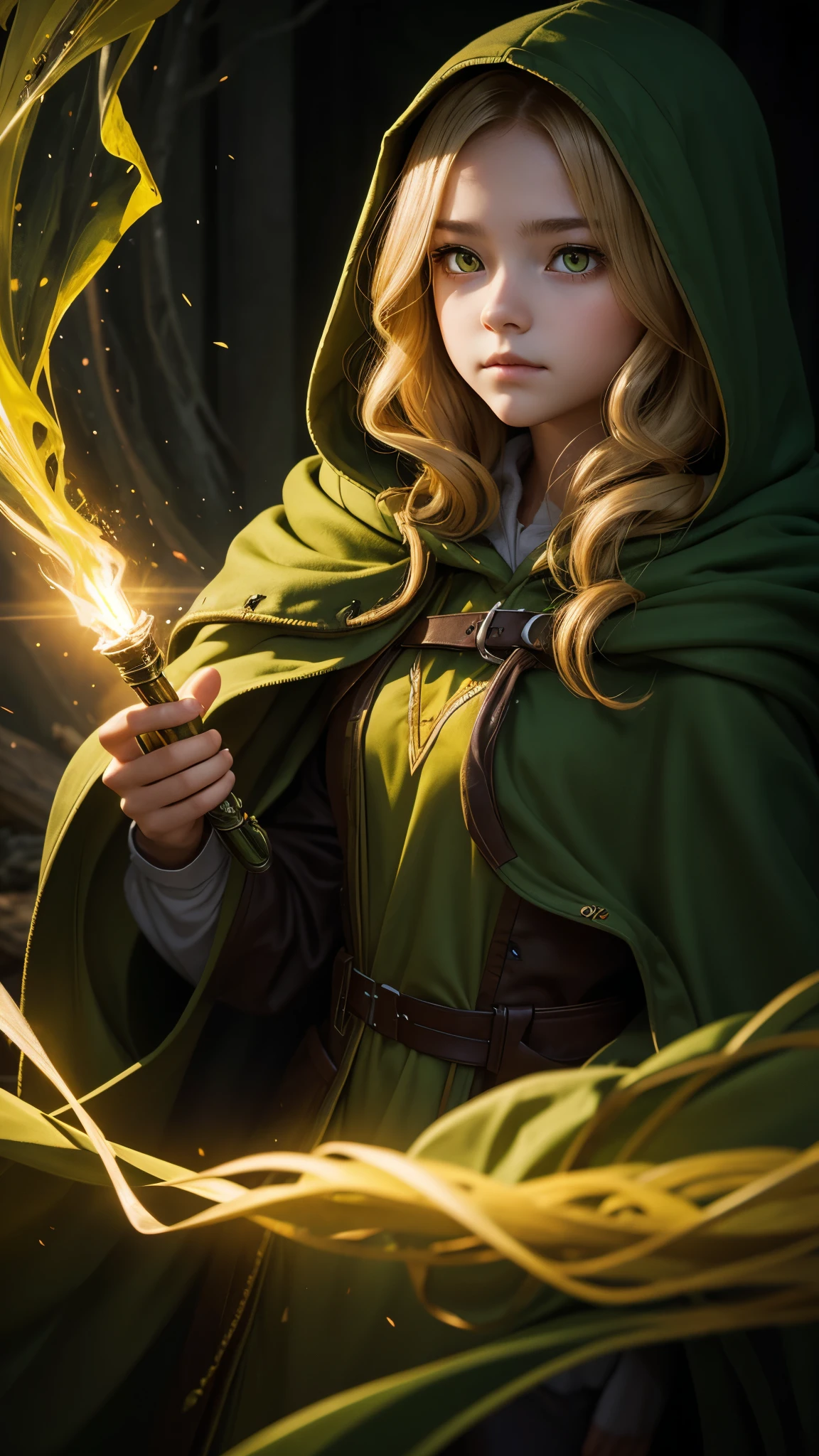 high detail, clarity, 8 k, young girl, , light hair, wavy hair, yellow eyes, blazing, green cloak, hood, Realism, fantasy,