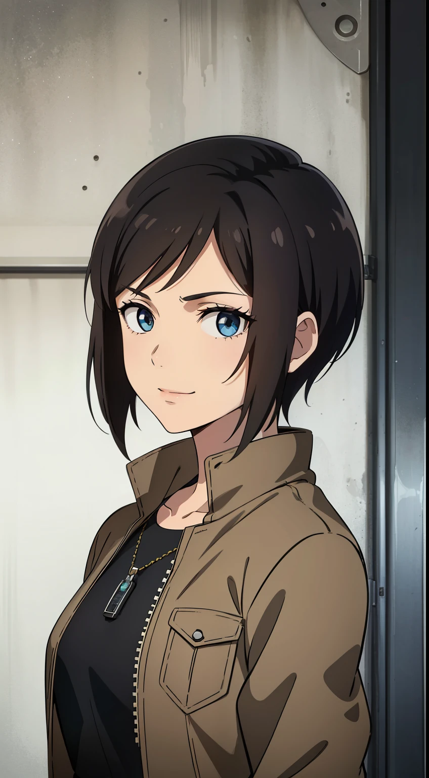 (high-quality, breathtaking),(expressive eyes, perfect face) Symmetrical Eyes, portrait, Star Wars Universe, 1girl, female, adult, mechanic, punk black brown jacket, black shirt, short sleeved, gloves, pants, belt, wrench, crystals, messy hair, black hair color, brown eye color, short hair length, stylized hairstyle, pixie haircut, tall, technician outfit, engineer, sci fi workshop background, work bench, tools, mature, narrow eyes, dog tag necklaces, soft smile, age 25
