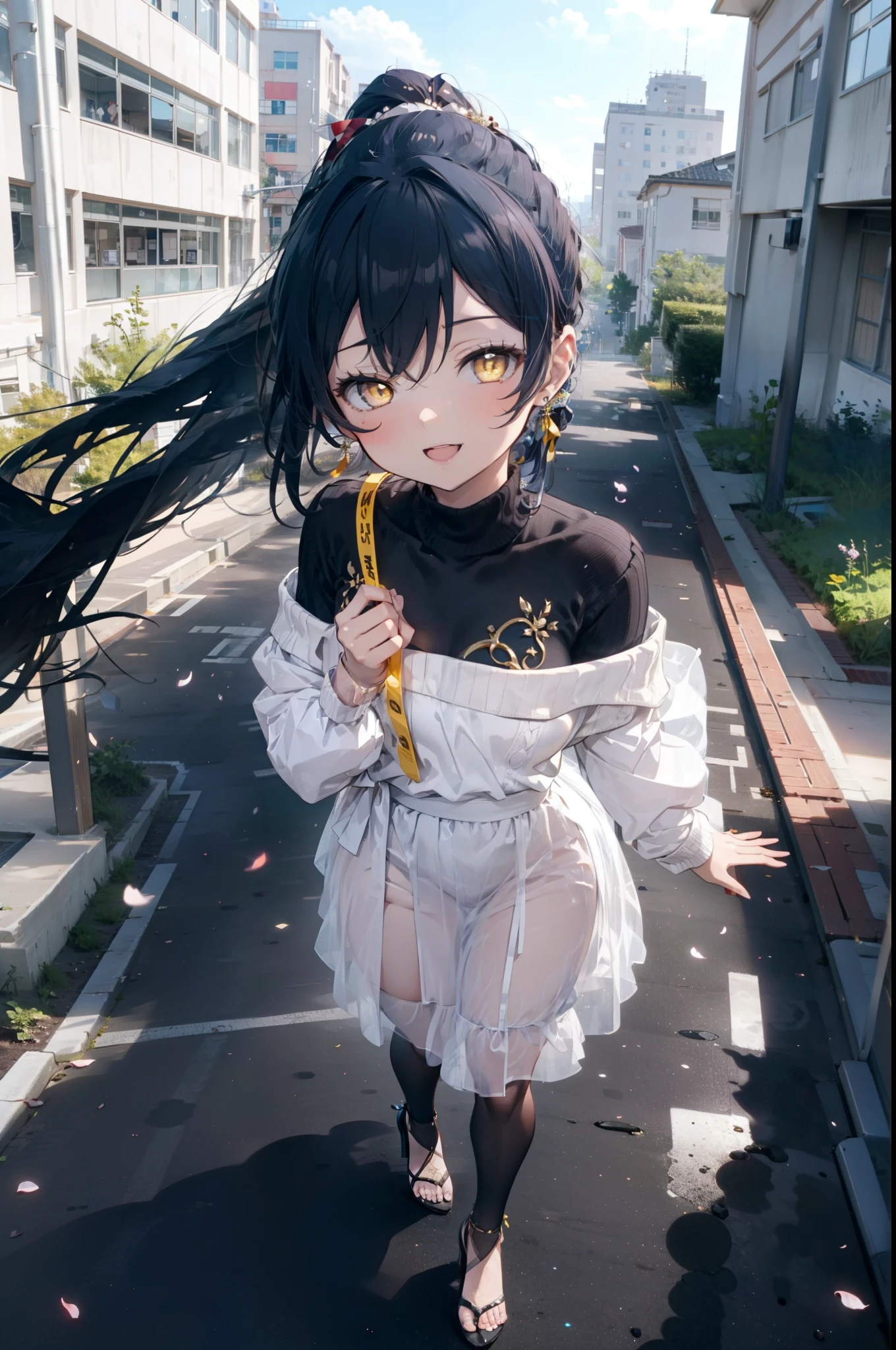 Kamisonoda, Umi Sonoda, Long Hair, ponytail,Blue Hair, (Yellow Eyes:1.5) (Flat Chest:1.2),happy smile, smile, Open your mouth,One-shoulder sweater,Long skirt,Black pantyhose,Stiletto heels,Daytime,Clear skies,walking,
break looking at viewer,whole body,
break outdoors,School,school gate,
break (masterpiece:1.2), highest quality, High resolution, unity 8k wallpaper, (figure:0.8), (Beautiful fine details:1.6), Highly detailed face, Perfect lighting, Highly detailed CG, (Perfect hands, Perfect Anatomy),
