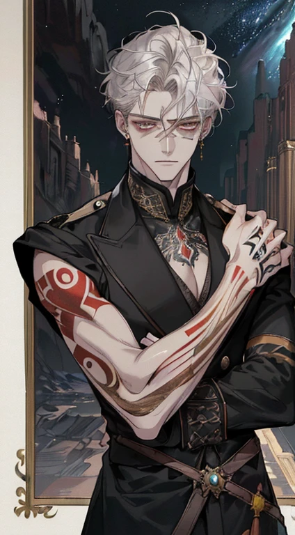 (((8K, RAW photos, Best quality, tmasterpiece: 1.4))), Ultra-high resolution, ultra - detailed, lamplight, Close-up cleavage, Handsome men, gold eyes, (Detailed eyes, The eyes are bright:1.2), Medium long red hair, pale-skinned, ear piercings, Dark, Blackn clothes, Meticulous clothes, gold accessories on clothes, (perfect anatomia:1.2), Highqualityshadow, natural  lightting, (White highlights:1.2), natta, overcast day, (arm tattoos:1.2), (starrysky:1.2)，Masterpiece, high quality, best quality, HD, realistic, perfect lighting, detailed body, 1 man, dark White hair , face expression, black military suit, in the cave,