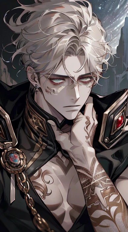 (((8K, RAW photos, Best quality, tmasterpiece: 1.4))), Ultra-high resolution, ultra - detailed, lamplight, Close-up cleavage, Handsome men, gold eyes, (Detailed eyes, The eyes are bright:1.2), Medium long red hair, pale-skinned, ear piercings, Dark, Blackn clothes, Meticulous clothes, gold accessories on clothes, (perfect anatomia:1.2), Highqualityshadow, natural lightting, (White highlights:1.2), natta, overcast day, (arm tattoos:1.2), (starrysky:1.2),Masterpiece, high quality, best quality, HD, realistic, perfect lighting, detailed body, 1 man, dark White hair , face expression, black military suit, in the cave,