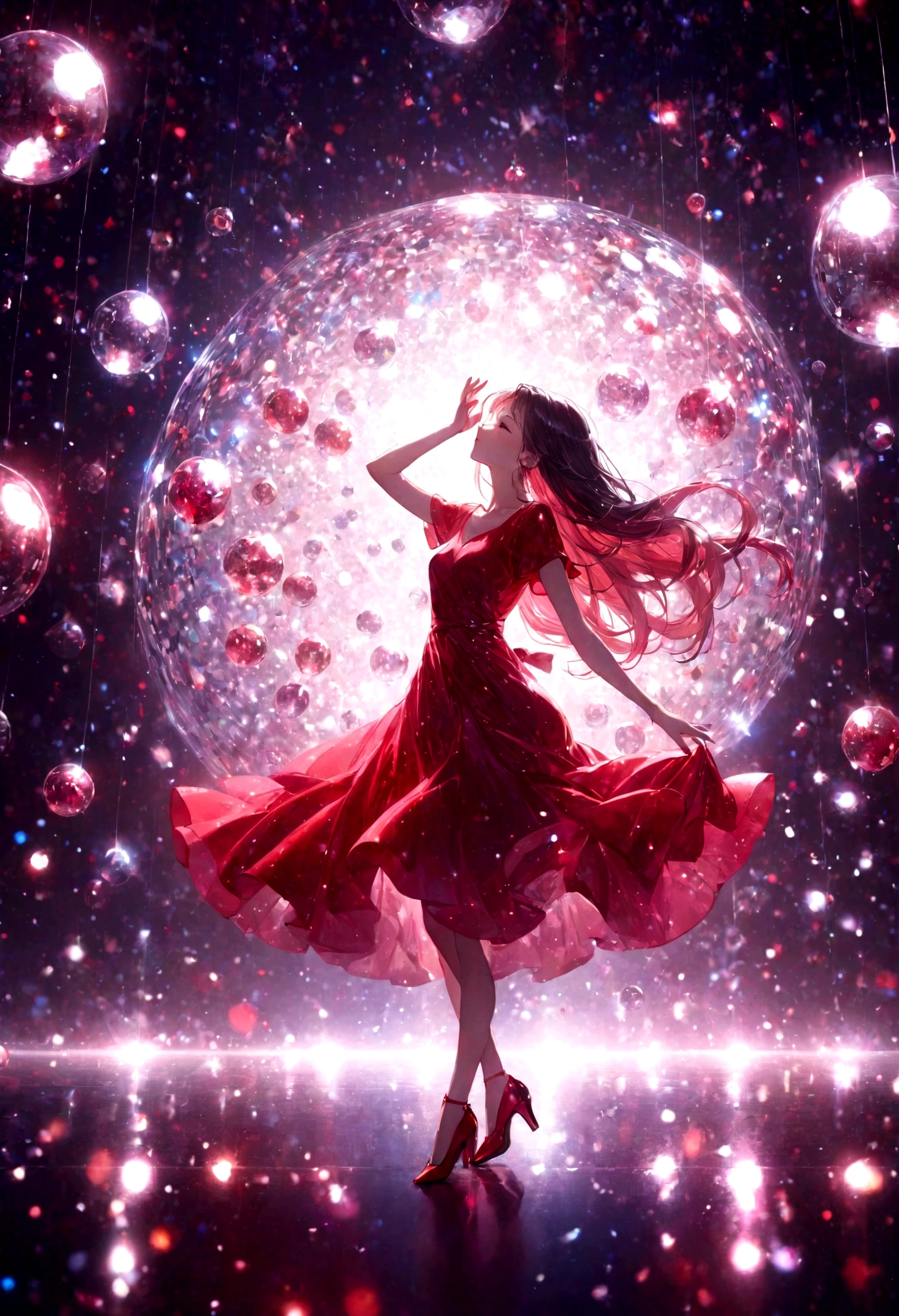 Woman dancing in a club、Long Hair－、Red dress and red heels、Multiple shiny mirror balls、Cinematic Light、Particle Light、