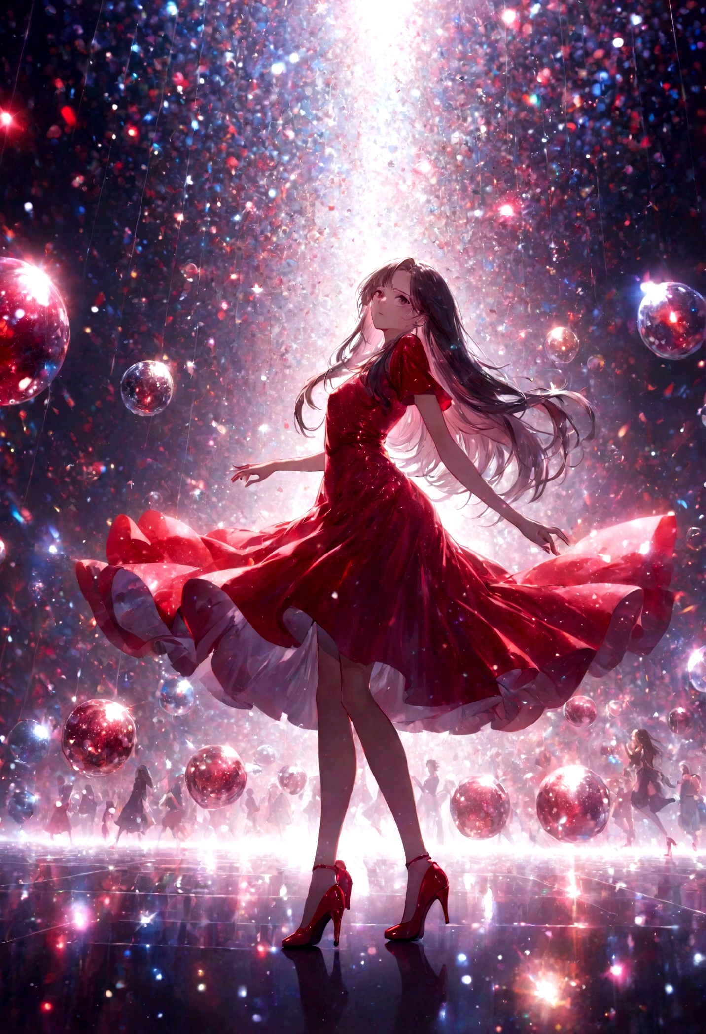 Woman dancing in a club、Long Hair－、Red dress and red heels、Multiple shiny mirror balls、Cinematic Light、Particle Light、