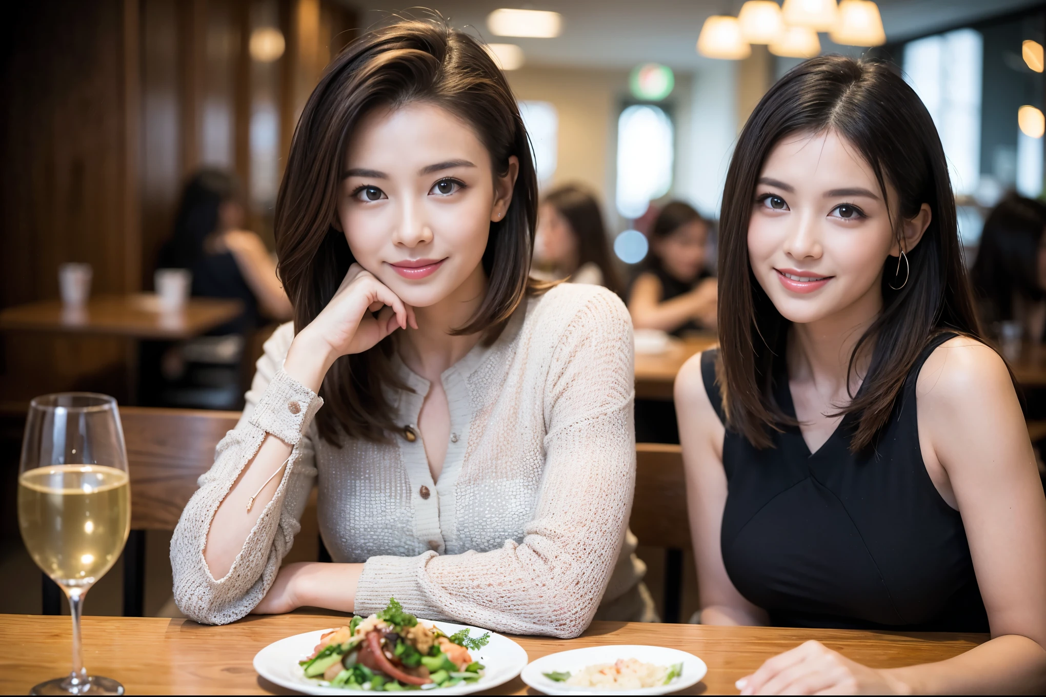 ((highest quality、8k、masterpiece:1.3))、beauty、1 male1 female、Couple、Spouse、half、The body is slim、((Bob Hale、Straight hair:1.2)), (Realistic, Intricate details:1.2), Fullcorse Dinner,Wine glass on the table、Shine light on your face、 Amazing view of the sunset sky and clouds、A bright smile、The wonderfulness of smile、Bright image、The beauty of wine, Beautiful Face, blue eyes, The light shines on your face, Blushing, short hair,Bright Face、 (Age 45), 39 years old, red wine 、Appetizers、Italian food、Wine bottle、Champagne、sparkling wine、Two beauties、Brown Hair、Shortcuts、Long sleeve shirt、dress、Pretty Woman 1, (Slim face), (The body is slim), (Brown Hair), (Shortcuts), cheeks turn a little red,Attractive beauty、restaurant, In a prominent place (From the waist up) Nova Frog Style, actress, model, Upper Body, White wine, slim, wine glass, A wine glass placed in the center, smile, (smile: 1.15), Beautiful fine grain, Depth f/2,saturation, High Contrast, Strong light and shadow,Moist Body:1.5、3D texture、Delicate eyes、Brown Hair、The hair is very shiny、
