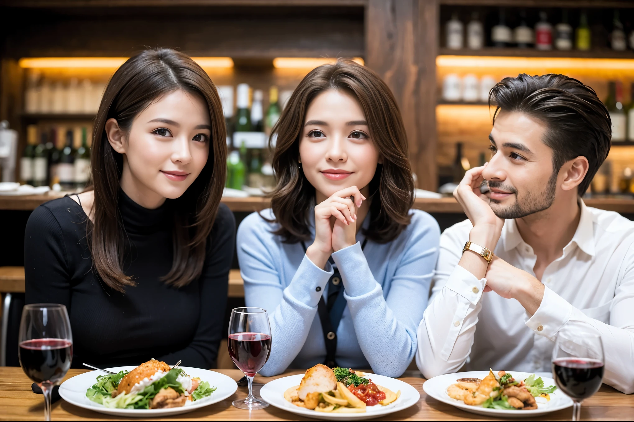 ((highest quality、8k、masterpiece:1.3))、beauty、1 male1 female、Couple、Spouse、half、The body is slim、((Bob Hale、Straight hair:1.2)), (Realistic, Intricate details:1.2), Fullcorse Dinner,Wine glass on the table、Shine light on your face、 Amazing view of the sunset sky and clouds、A bright smile、The wonderfulness of smile、Bright image、The beauty of wine, Beautiful Face, blue eyes, The light shines on your face, Blushing, short hair,Bright Face、 (Age 45), 39 years old, red wine 、Appetizers、Italian food、Wine bottle、Champagne、sparkling wine、Two beauties、Brown Hair、Shortcuts、Long sleeve shirt、dress、Pretty Woman 1, (Slim face), (The body is slim), (Brown Hair), (Shortcuts), cheeks turn a little red,Attractive beauty、restaurant, In a prominent place (From the waist up) Nova Frog Style, actress, model, Upper Body, White wine, slim, wine glass, A wine glass placed in the center, smile, (smile: 1.15), Beautiful fine grain, Depth f/2,saturation, High Contrast, Strong light and shadow,Moist Body:1.5、3D texture、Delicate eyes、Brown Hair、The hair is very shiny、