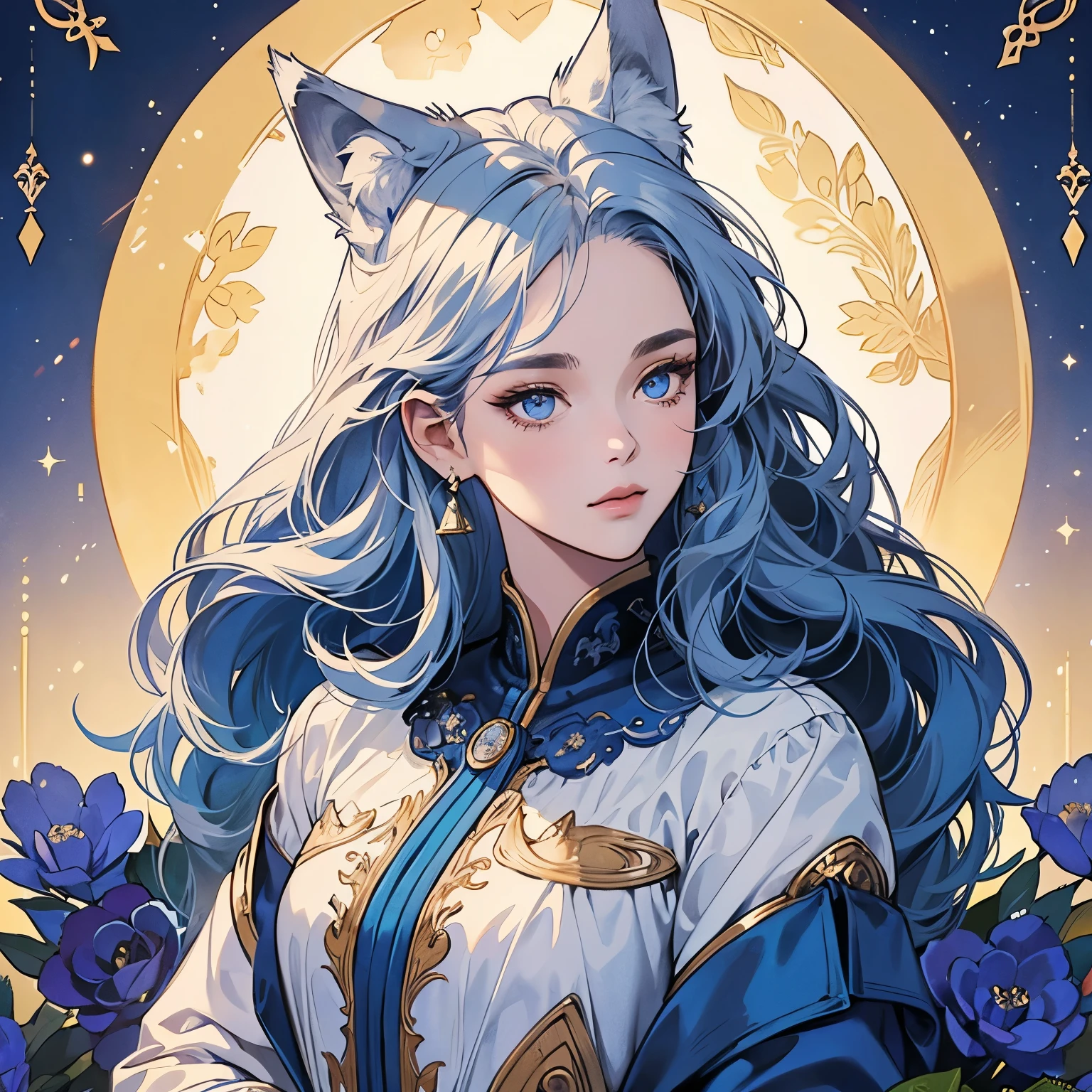 Best quality, 1 wolf, logo, background white only, emblem, 14k, intricate and detailed, frame, blue, (((1 woman and wolf))), detailed fur, sparkling eyes, corporate logo, golden, panoramic, long shot, front, blue flowers, Upper body, looking at viewer,  beautiful goddess, Very detailed hair, MOON, Pale Lighting, Top Quality, (((Various hairstyles)))