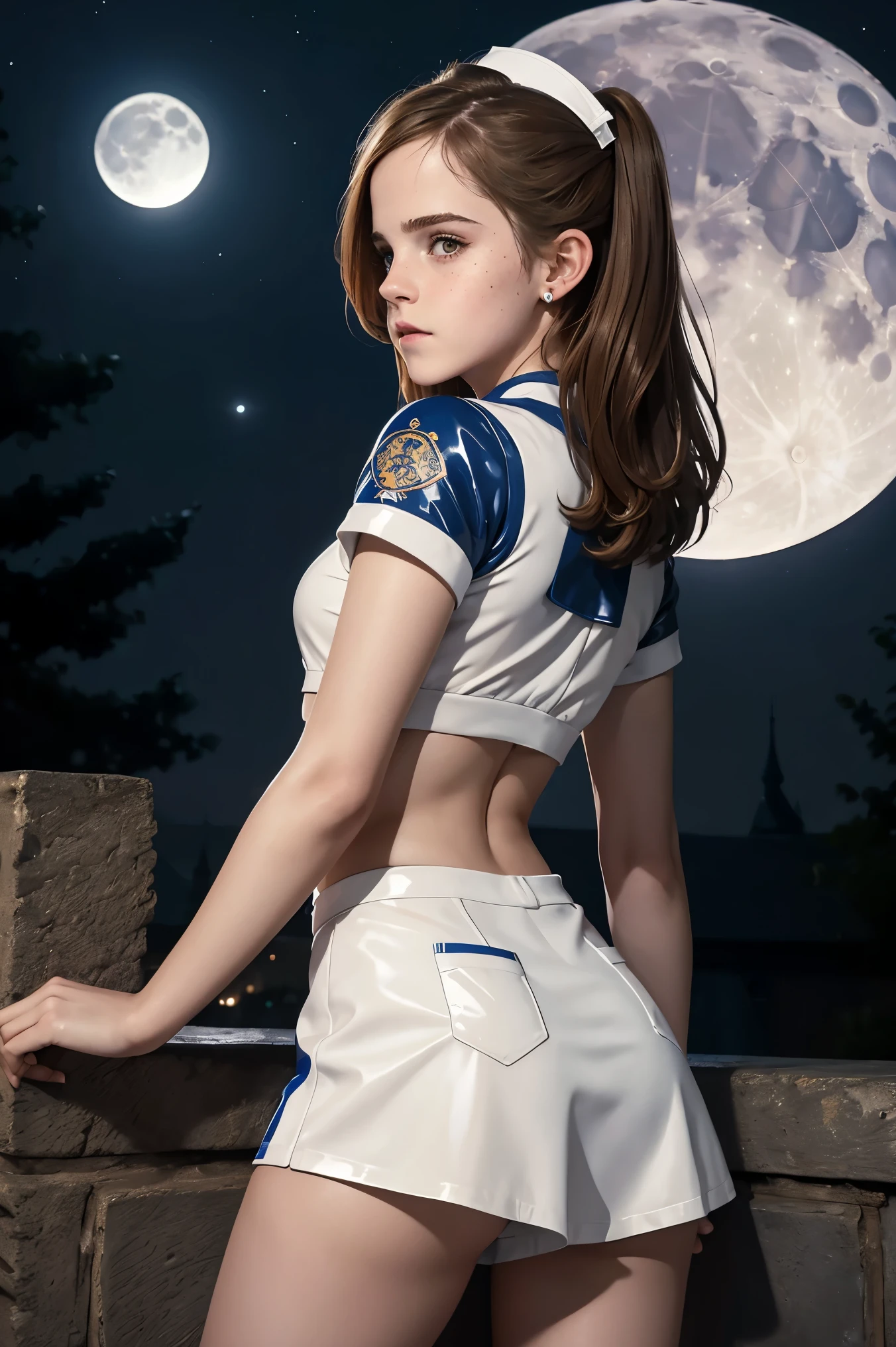 masterpiece. detailed oil painting of beautiful  emma watson as a girl nurse. freckles. tight white latex short uniform, crop top. background moon. night. dim lit. leaning on a wall that has intricate carvings and jewels. from the back, looking back.
