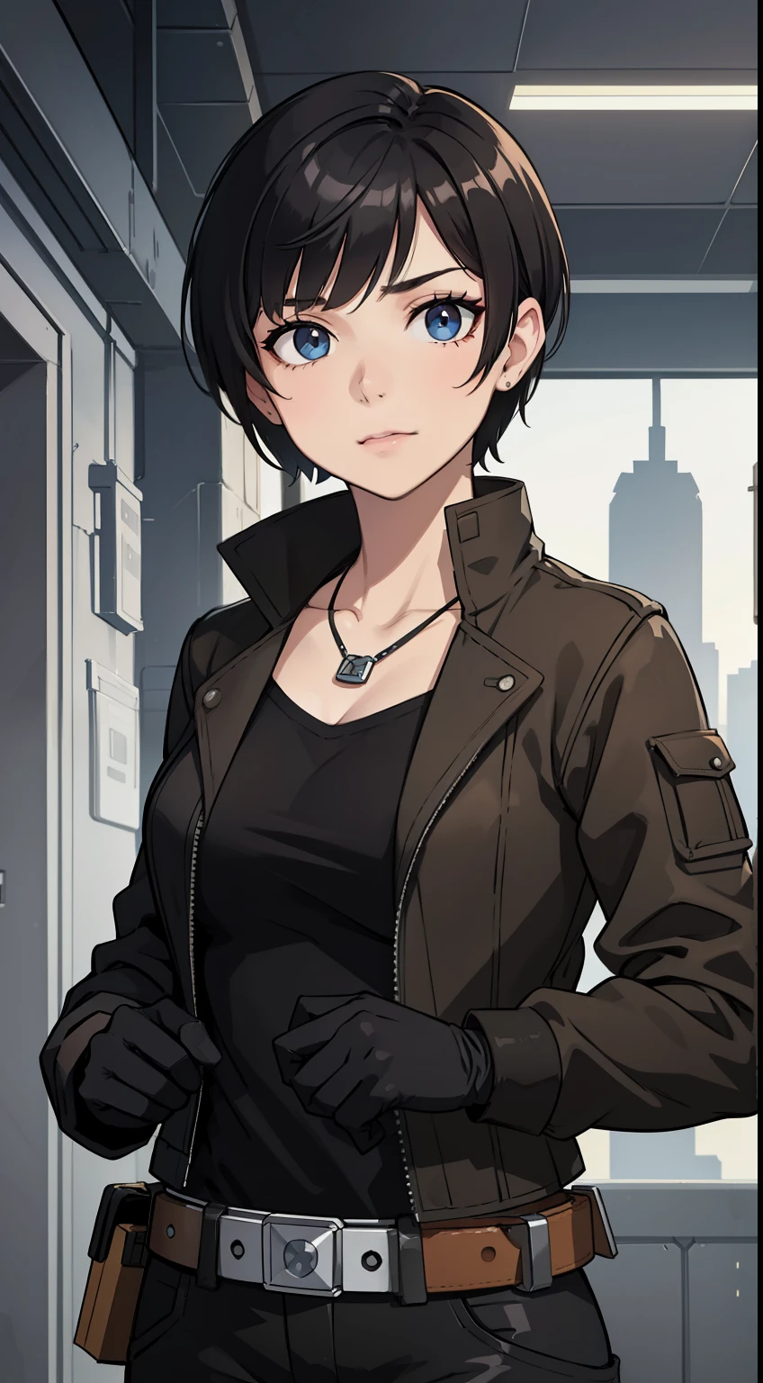(high-quality, breathtaking),(expressive eyes, perfect face) Symmetrical Eyes, portrait, Star Wars Universe, 1girl, female, adult, mechanic, punk black brown jacket, black shirt, short sleeved, gloves, pants, belt, wrench, crystals, messy hair, black hair color, brown eye color, short hair length, stylized hairstyle, pixie haircut, tall, technician outfit, engineer, sci fi workshop background, work bench, tools, mature, narrow eyes, dog tag necklaces, soft smile, age 25