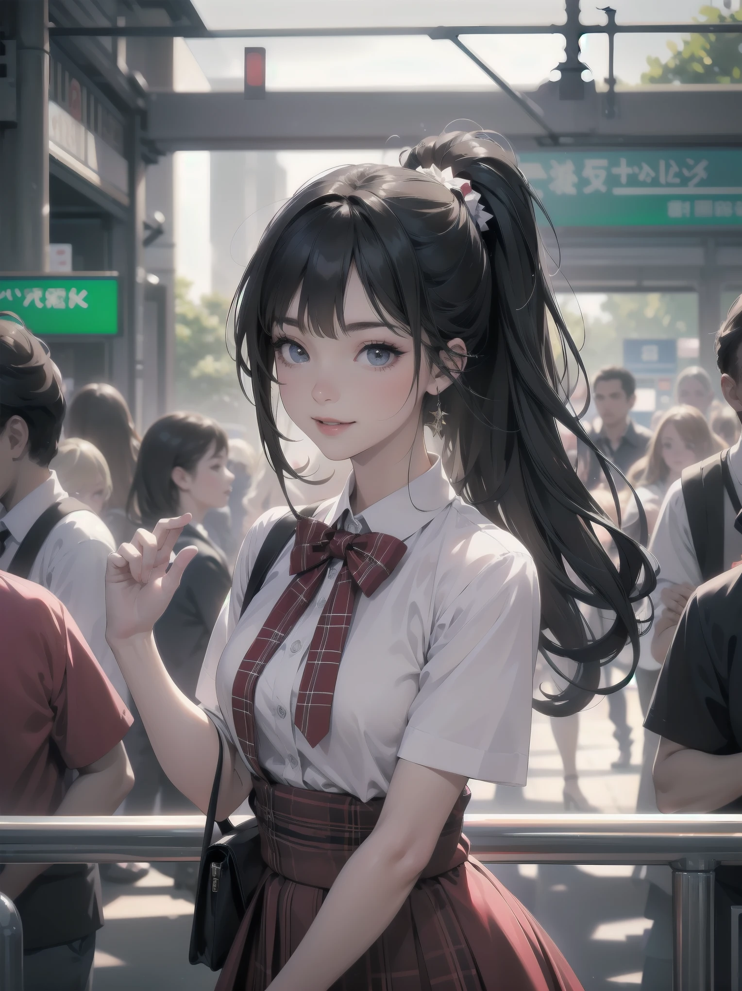 Masterpiece, high quality, high resolution, semi-realistic, 2.5D, perfect anatomy, super-detailed and detailed illustrations, sfw,
Subject: pretty, crowd.
Subtitle: {long black hair in ponytail}, {red checked skirt and white blouse}, {smiling in crowd}, {station platform}, {glowing smile}, {high sensitivity camera, f/1.4, 1/500 sec, ISO 800, subject tracking auto focus}
A beautiful girl with long black hair pulled back in a ponytail stands on a busy station platform. Wearing a red checked skirt and white blouse, she smiles at the crowd. Her radiant smile is so attractive that it makes you forget the hustle and bustle of the surroundings. In the background, hurrying commuters come and go, giving the city a lively atmosphere. Shot with a high-sensitivity camera at f/1.4 aperture, shutter speed 1/500 s at ISO 800, the beautiful girl is clearly captured in the crowd by the subject tracking autofocus function. The blurring of the people in the background makes her stand out as if she were in the spotlight.