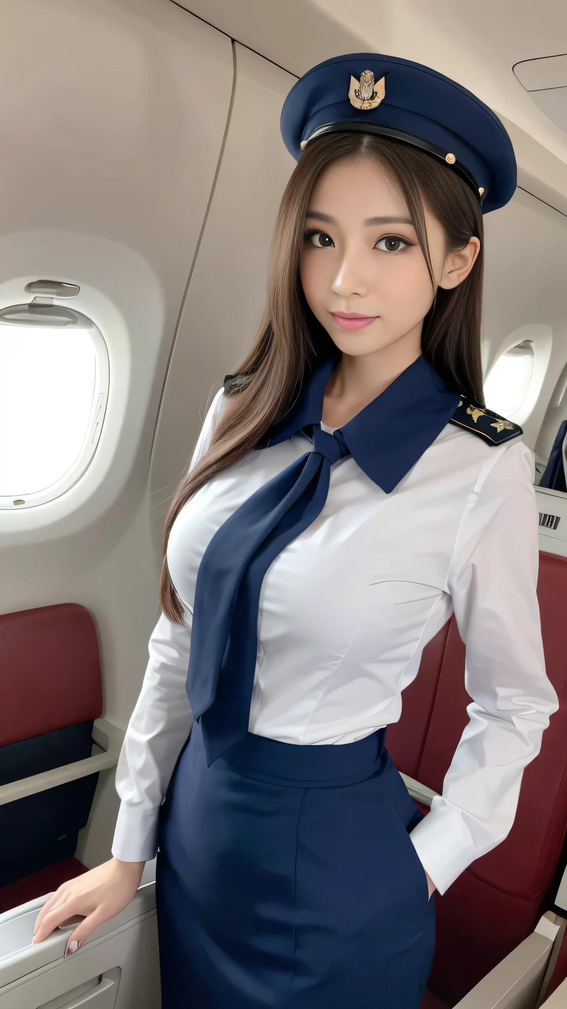 (8k, best quality, masterpiece, golden ratio composition,:1.3), (Zoom out shot:1.2), (A beautiful Japanese mature woman dressed in a classic flight attendant uniform, uniform is navy blue with a matching small beret, white blouse, red neck scarf, neatly styled hair ,light makeup), (huge breasts), standing in an airplane cabin