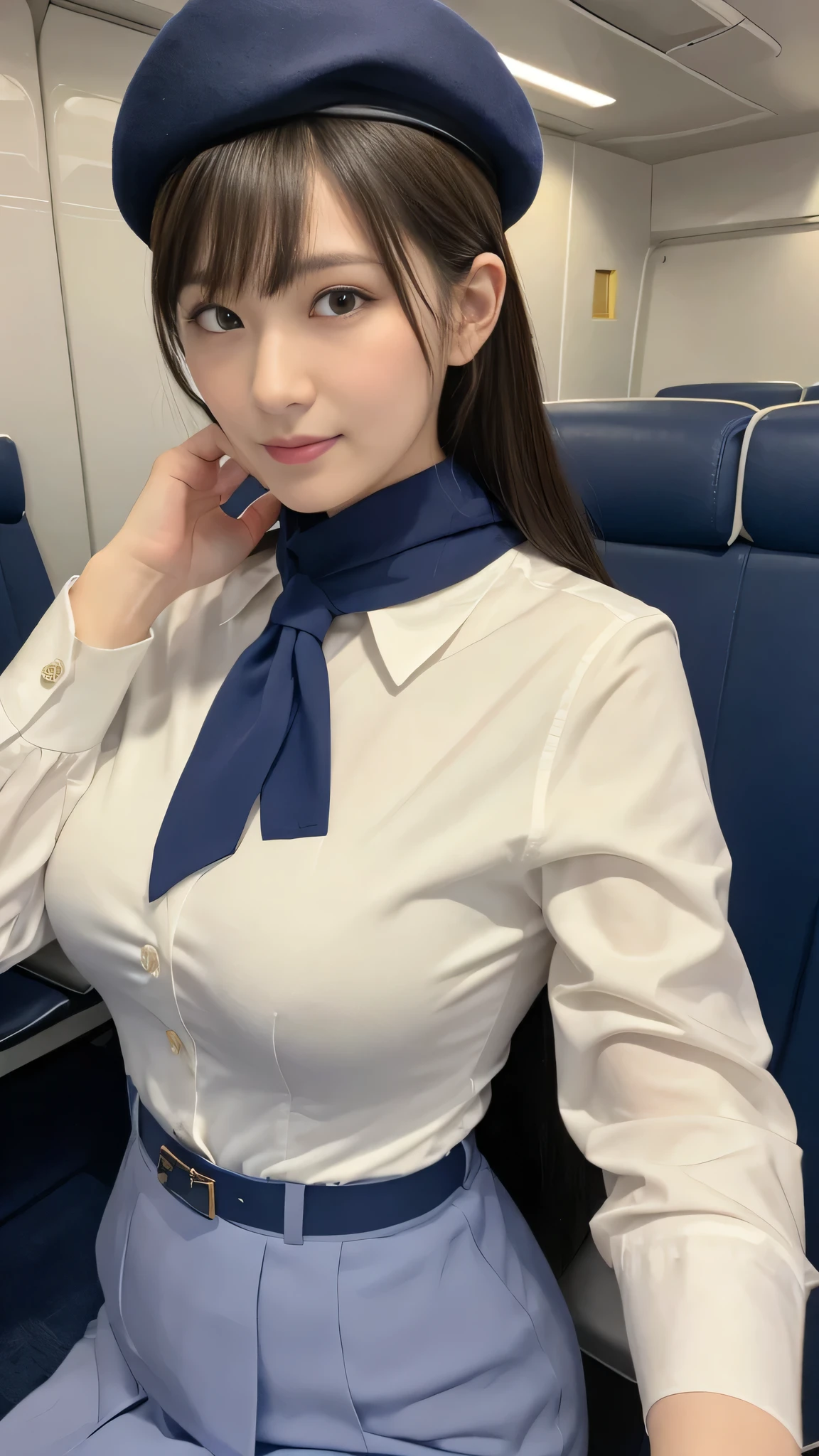 (8k, best quality, masterpiece, golden ratio composition,:1.3), (Zoom out shot:1.2), (A beautiful Japanese mature woman dressed in a classic flight attendant uniform, uniform is navy blue with a matching small beret, white blouse, red neck scarf, neatly styled hair ,light makeup), (huge breasts), standing in an airplane cabin