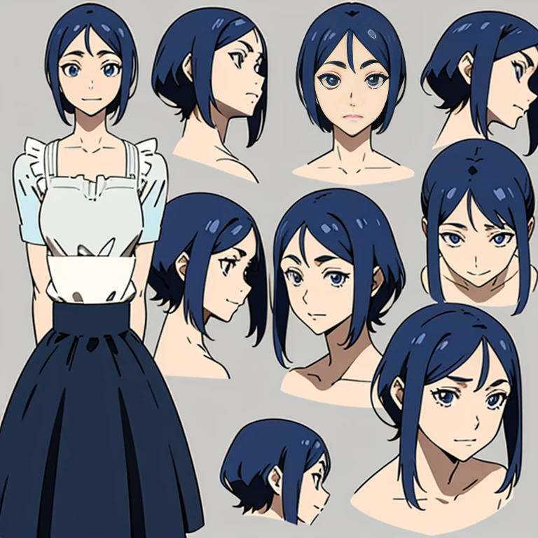 Anime style,Character Sheet,(masterpiece, 8k, highest quality, Very detailed, 1 mature japanese woman), (Consistent personality, same characters), (Gray Hair, blue eyes), (Very detailed顔と肌の質感, fine grain), Slender figure,Small breasts,(Maid clothes), White Background, Multiple facial expressions,(Multiple Views, Multiple Angles), Side view, Front view, look up, Looking down, Rear View, 20-degree head view,Plain background,Beautiful background