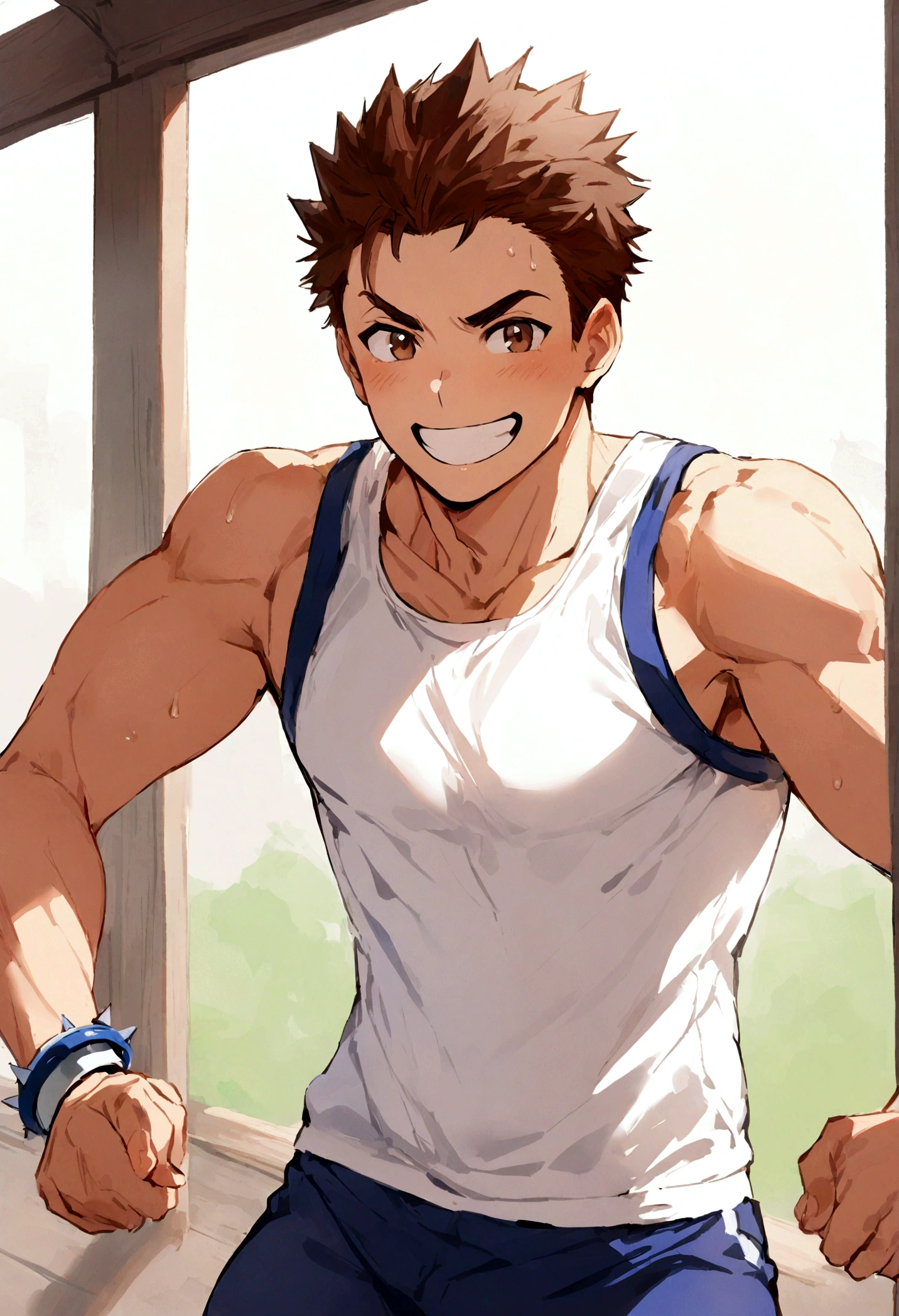 male with spiky brown hair, broken right eyebrow, brown eyes, white tank top, blue pants, white sports bracelet, muscular, smiling
