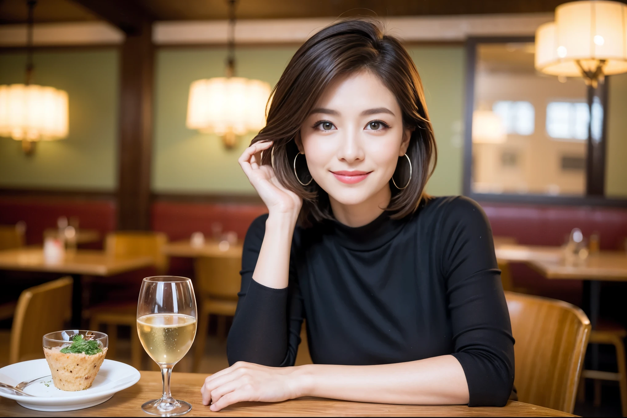 ((highest quality、8k、masterpiece:1.3))、beauty、1 male1 female、Couple、Spouse、half、The body is slim、((Bob Hale、Straight hair:1.2)), (Realistic, Intricate details:1.2), Fullcorse Dinner,Wine glass on the table、Shine light on your face、 Amazing view of the sunset sky and clouds、A bright smile、The wonderfulness of smile、Bright image、The beauty of wine, Beautiful Face, blue eyes, The light shines on your face, Blushing, short hair,Bright Face、 (Age 45), 43 years old, red wine 、Appetizers、Italian food、Wine bottle、Champagne、sparkling wine、Two beauties、Brown Hair、Shortcuts、Long sleeve shirt、dress、Pretty Woman 1, (Slim face), (The body is slim), (Brown Hair), (Shortcuts), cheeks turn a little red,Attractive beauty、restaurant, In a prominent place (From the waist up) Nova Frog Style, actress, model, Upper Body, White wine, slim, wine glass, A wine glass placed in the center, smile, (smile: 1.15), Beautiful fine grain, Depth f/2,saturation, High Contrast, Strong light and shadow,Moist Body:1.5、3D texture、Delicate eyes、Brown Hair、The hair is very shiny、