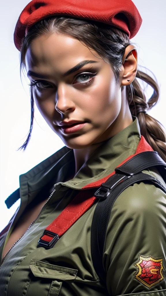 ((portrait shot)) Tacticool, (vest:1.2),(((Street Fighter Cammy))) in military clothing, red beret, 4k, high-res, masterpiece, best quality, (head:1.3), finely detailed skin, cleavage, war zone, blurred background, bokeh