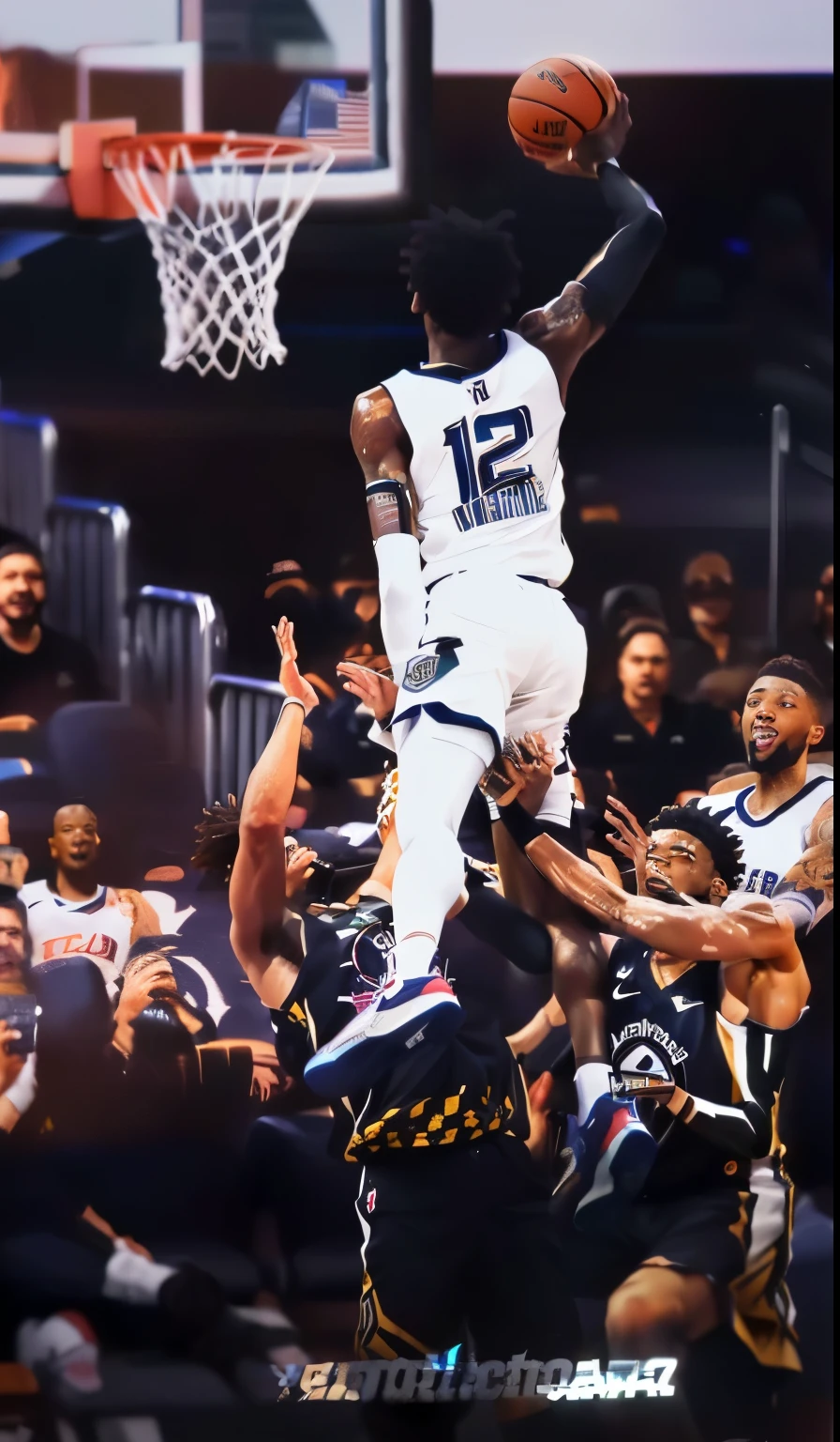 there is a man (named Ja Morant) viciously dunking on a 7’4 tall man (named Victor Wembanyama) in an NBA game.
