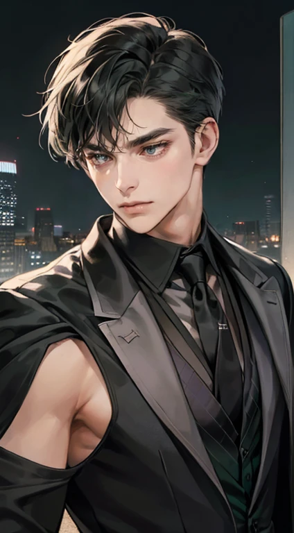 ((a young man in a black suit and tie)), taken in the early 2020s, gotham, alejandro, he looks very sophisticated, (((left side swept bang black short hair))), (dark green eyes and thick eyebrows), smirk. ((20 years old)), ((Black suite and black tie)), masterpiece, posture dynamic, one person,