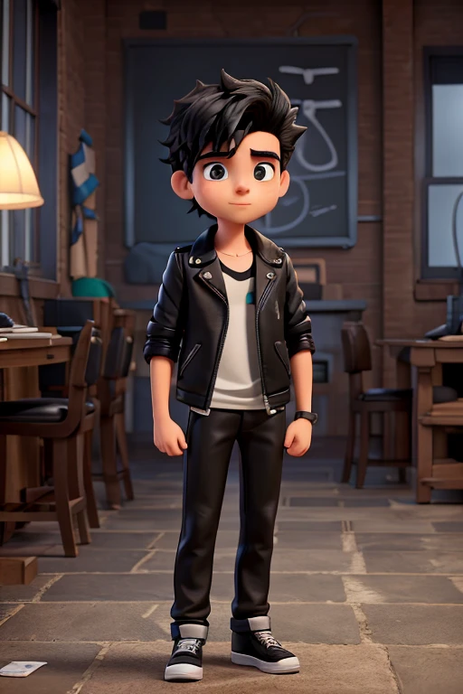 Teenage boy spikey black hair in a leather jacket and black tank top