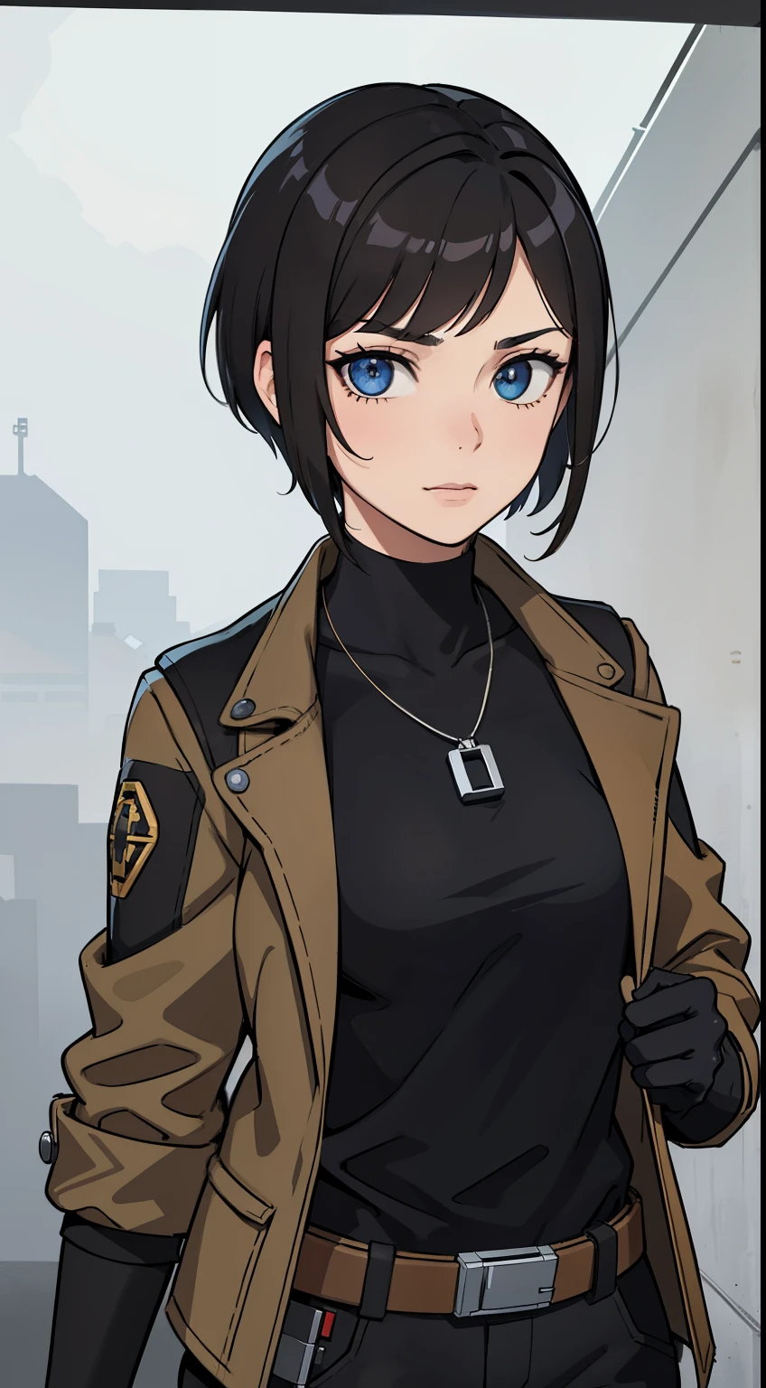 (high-quality, breathtaking),(expressive eyes, perfect face) Symmetrical Eyes, portrait, Star Wars Universe, 1girl, female, adult, mechanic, punk black brown jacket, black shirt, short sleeved, gloves, pants, belt, wrench, crystals, messy hair, black hair color, brown eye color, short hair length, stylized hairstyle, pixie haircut, tall, technician outfit, engineer, sci fi workshop background, work bench, tools, mature, narrow eyes, dog tag necklaces, soft smile, age 28
