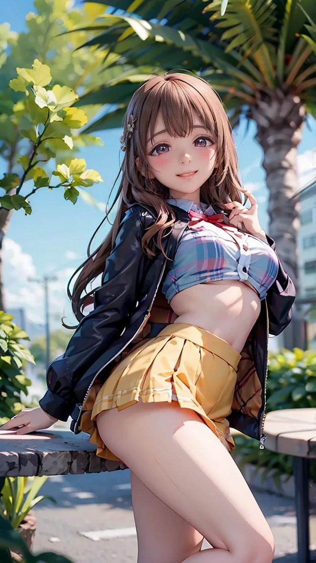 ((((highest quality)))), (((Ultra-precision CG 16K))), (((masterpiece))), (((Very detailed))), (((Extremely detailed))), (((Black outline:1.3, Written boundary depth:1.3 , Written soft outline))), Blur, Bokeh, Maximum clarity and sharpness,Multilayer Texture, Surface Shading, Cinematic lighting, Beautiful details sparkle ,Perfect Proportions, Limited to three woman, BREAK accurate, Anatomically correct, Highly detailed face and skin texture, drawn in detail, Highly detailed facial and skin texture, Detailed eyes, beautiful hair, Beautiful Japanese Idol face, Beautiful and beautiful eyes, Beautiful body, Beautiful breasts, Beautiful thighs, Beautiful legs, Beautiful fingers, (Beautiful views) , skinny body, ((Beautiful Skin)), ((Skin Texture)) BREAK breast enlarged, large Breasts, perky breast, (blush, smiling:1.3, brown eyes, pink cheek, Double eyelids, Thin eyebrows, narrow eyes:1.3, Natural cheeks, Glossy skin, Fair skin:1.2, (Glossy lips:1.4, shiny lips: 1.4 ), high school student, Attractive adult woman ) , Long-Hair:1.3, straight-Hair:1.3, Hair Intake, Inner hair color, [(gradient hair from black to yellow:1.4):0.4], BREAK (girly fashion, midriff peek , low rise mini skirt with slits, burberry check skirt, wearing outerwear outfits to button up) , nail art, necklace, Bridal Ring, wearing a watch BREAK (Stretching-upwards:1.3),(standing, bent-over position , hands between legs, a girl relaxing in a cafe:1.3, book and coffee cup on table, sunny outdoors,:1.3 , from front, from below, looking at friends , bust up, cowboy shot)