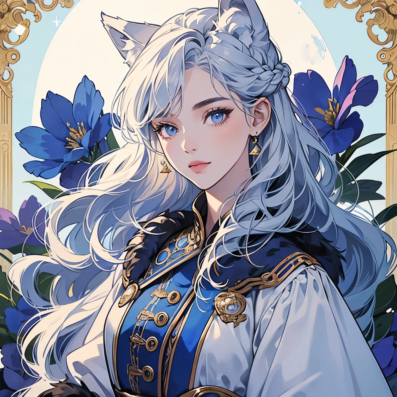 Best quality, 1 wolf, logo, background white only, emblem, 14k, intricate and detailed, frame, blue, (((1 woman and wolf))), detailed fur, sparkling eyes, corporate logo, golden, panoramic, long shot, front, blue flowers, Upper body, looking at viewer,  beautiful goddess, Very detailed hair, MOON, Pale Lighting, Top Quality, (((Various hairstyles)))