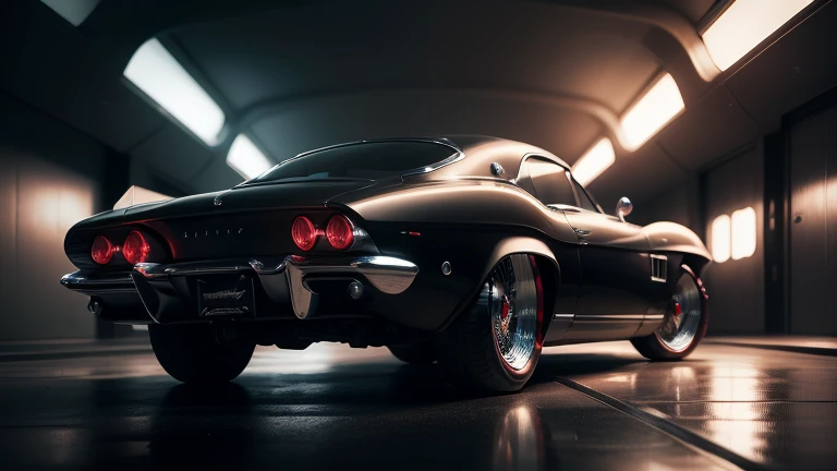 1960s luxury futuristic fantasy sedan, 1 car, rear view, highly detailed, cinematic lighting, dramatic, intricate, photorealistic, 4k, 8k, hyperrealistic, dramatic chiaroscuro lighting, moody atmosphere, vivid colors, glossy reflection, sleek design, chrome accents, elegant curves, retro-futuristic style