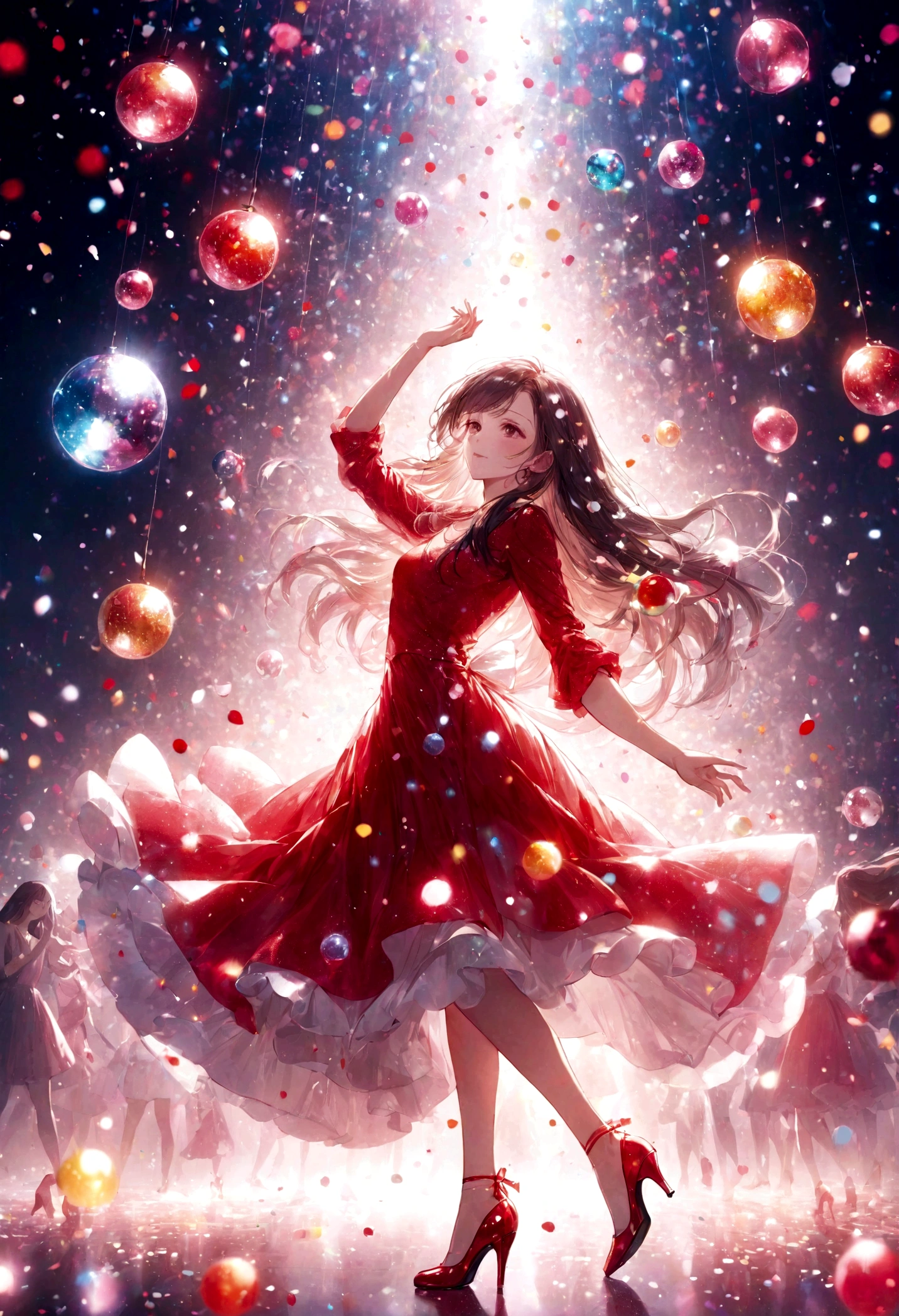 Woman dancing in a club、Long Hair－、Red dress and red heelultiple colorful shining disco balls、Cinematic Light、Colorful particle light、A lot of pure white roses fluttering down、