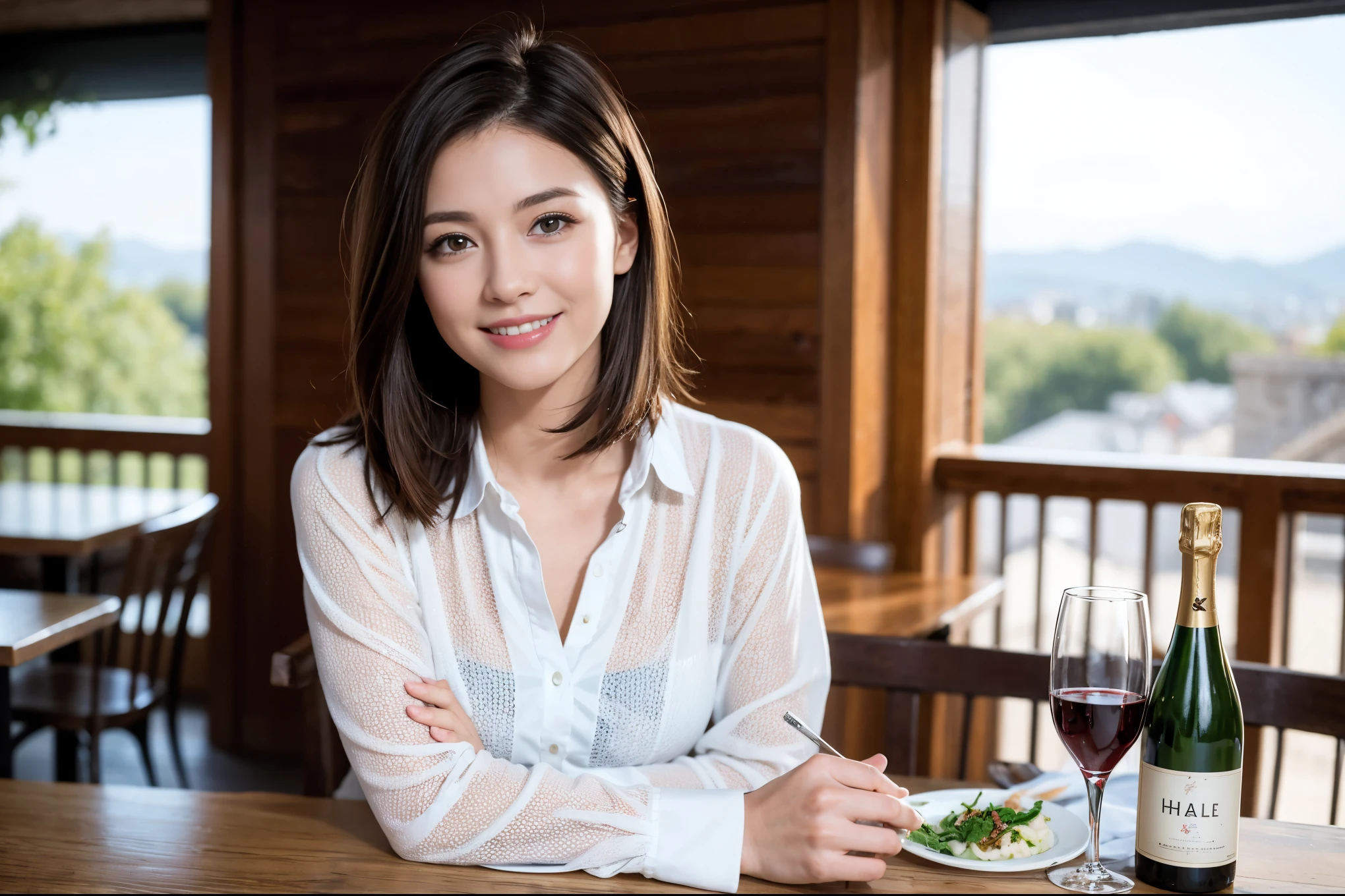 ((highest quality、8k、masterpiece:1.3))、beauty、1 male1 female、Couple、Spouse、half、The body is slim、((Bob Hale、Straight hair:1.2)), (Realistic, Intricate details:1.2), Fullcorse Dinner,Wine glass on the table、Shine light on your face、 Amazing view of the sunset sky and clouds、A bright smile、The wonderfulness of smile、Bright image、The beauty of wine, Beautiful Face, blue eyes, The light shines on your face, Blushing, short hair,Bright Face、 (Age 45), 39 years old, red wine 、Appetizers、Italian food、Wine bottle、Champagne、sparkling wine、Two beauties、Brown Hair、Shortcuts、Long sleeve shirt、dress、Pretty Woman 1, (Slim face), (The body is slim), (Brown Hair), (Shortcuts), cheeks turn a little red,Attractive beauty、restaurant, In a prominent place (From the waist up) Nova Frog Style, actress, model, Upper Body, White wine, slim, wine glass, A wine glass placed in the center, smile, (smile: 1.15), Beautiful fine grain, Depth f/2,saturation, High Contrast, Strong light and shadow,Moist Body:1.5、3D texture、Delicate eyes、Brown Hair、The hair is very shiny、