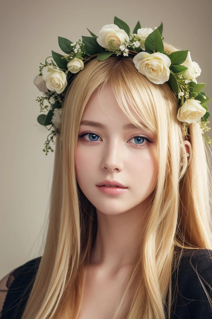 Ultra-high resolution, highest quality, photograph, 4K, (Realistic:1.4), Girl with a wreath on her head, Long Blonde Hair