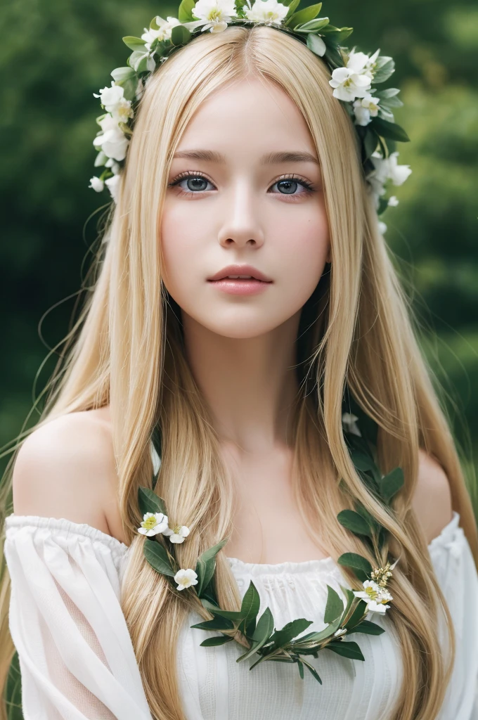 Ultra-high resolution, highest quality, photograph, 4K, (Realistic:1.4), Girl with a wreath on her head, Long Blonde Hair