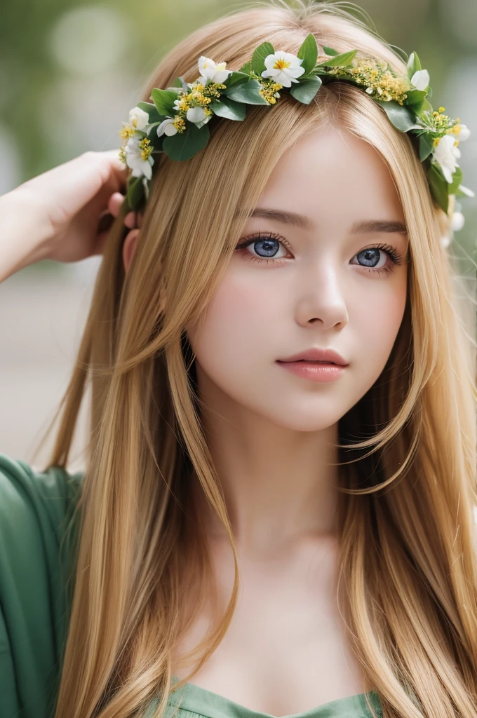 Ultra-high resolution, highest quality, photograph, 4K, (Realistic:1.4), Girl with a wreath on her head, Long Blonde Hair