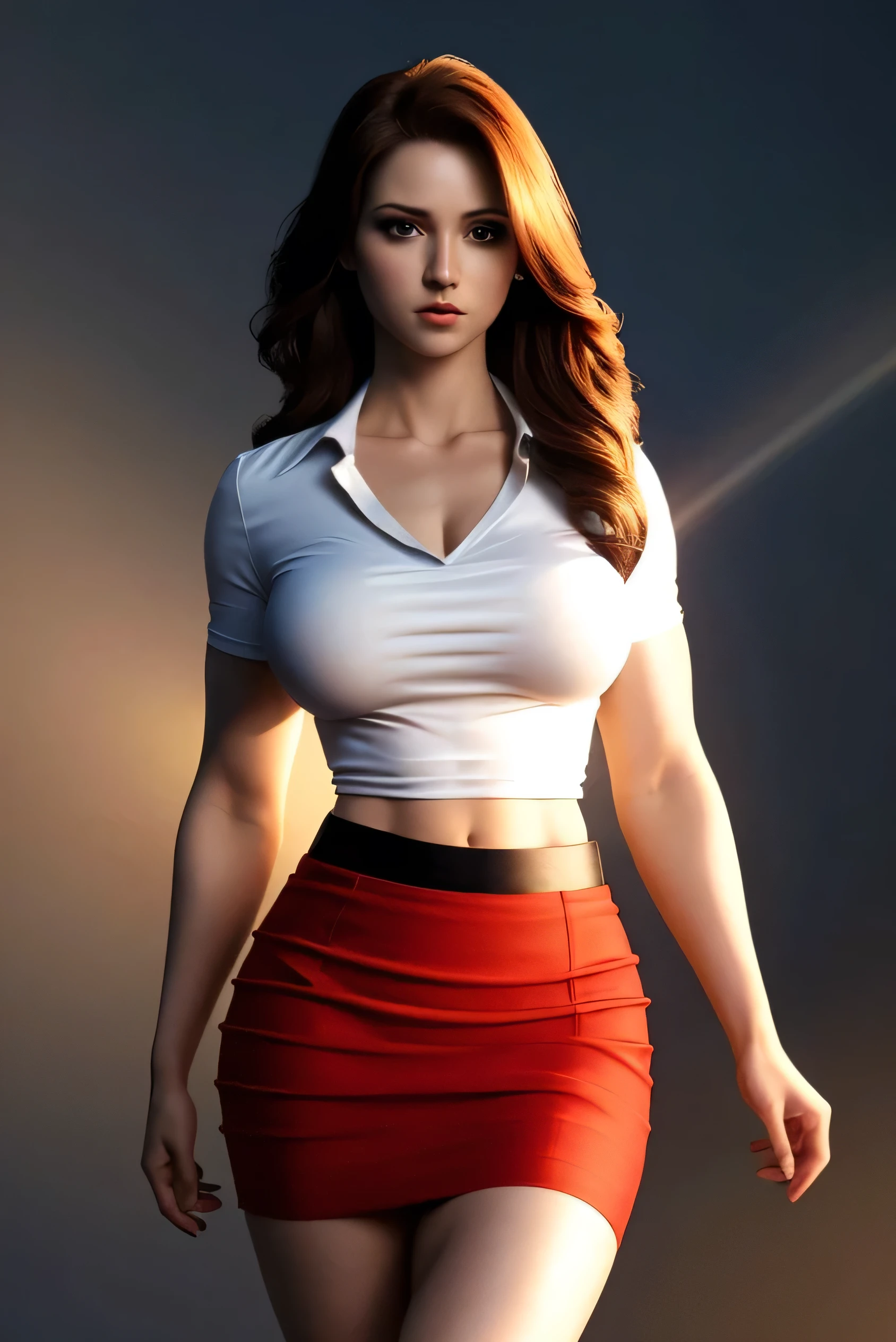 full body, vivid hair, pencil skirt, blouse, light rays, god rays, muscular, realistic, breasts