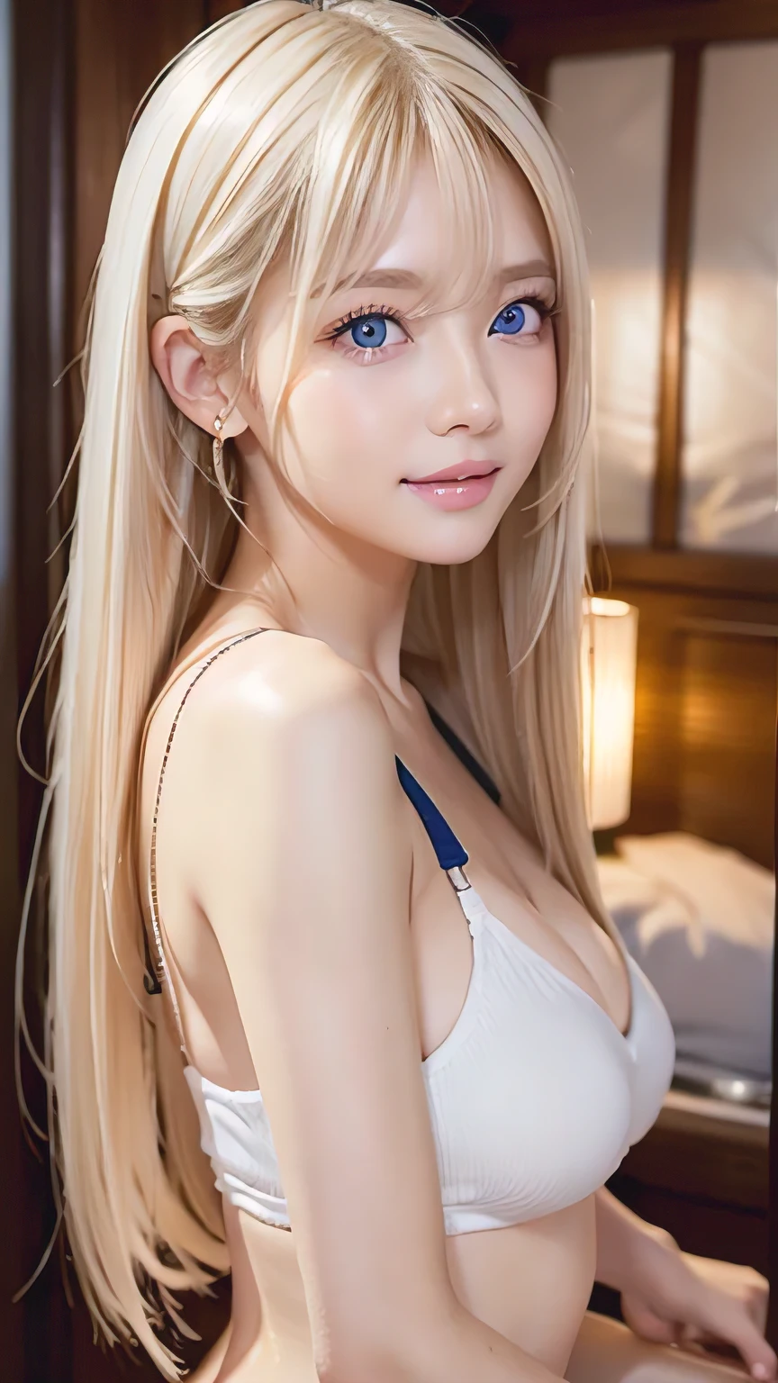 True Photo Quality、Extraordinary sexy beauty、Beautiful calm and bright expression、Sexy refreshing look、Long bangs that fall on a perfect beautiful cute face、Super long platinum blonde straight silky hair、blonde on a beautiful face、Very cute beautiful sexy young little woman、Very perfect beautiful cute face、Beautiful bright sky blue eyes、Very big eyes、bangs over eyes、Hair above one eye、Hair between the eyes、Very radiant white skin、Cheek gloss