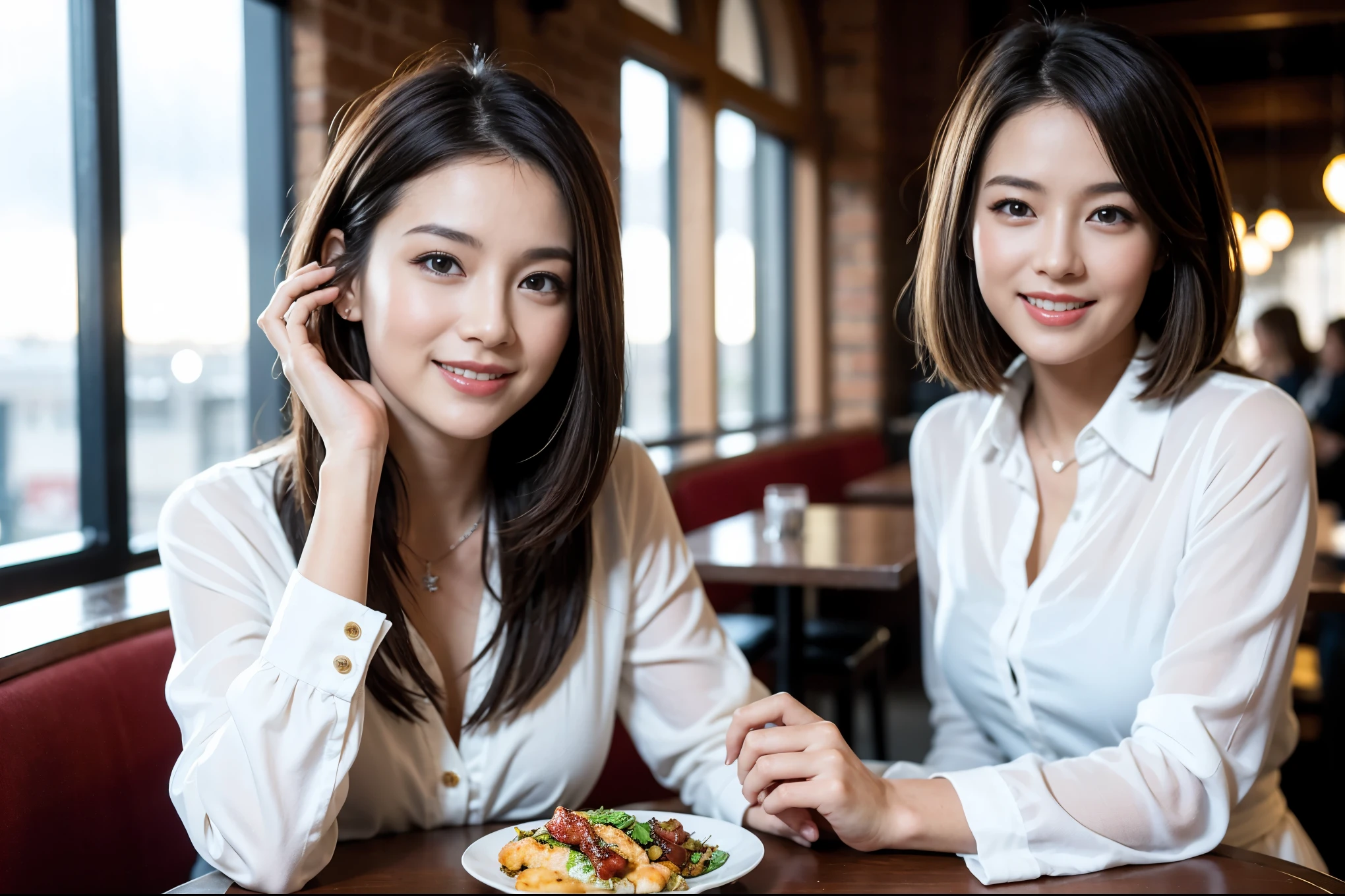 ((highest quality、8k、masterpiece:1.3))、beauty、1 male1 female、Couple、Spouse、half、The body is slim、((Bob Hale、Straight hair:1.2)), (Realistic, Intricate details:1.2), Fullcorse Dinner,Wine glass on the table、Shine light on your face、 Amazing view of the sunset sky and clouds、A bright smile、The wonderfulness of smile、Bright image、The beauty of wine, Beautiful Face, blue eyes, The light shines on your face, Blushing, short hair,Bright Face、 (Age 45), 39 years old, red wine 、Appetizers、Italian food、Wine bottle、Champagne、sparkling wine、Two beauties、Brown Hair、Shortcuts、Long sleeve shirt、dress、Pretty Woman 1, (Slim face), (The body is slim), (Brown Hair), (Shortcuts), cheeks turn a little red,Attractive beauty、restaurant, In a prominent place (From the waist up) Nova Frog Style, actress, model, Upper Body, White wine, slim, wine glass, A wine glass placed in the center, smile, (smile: 1.15), Beautiful fine grain, Depth f/2,saturation, High Contrast, Strong light and shadow,Moist Body:1.5、3D texture、Delicate eyes、Brown Hair、The hair is very shiny、