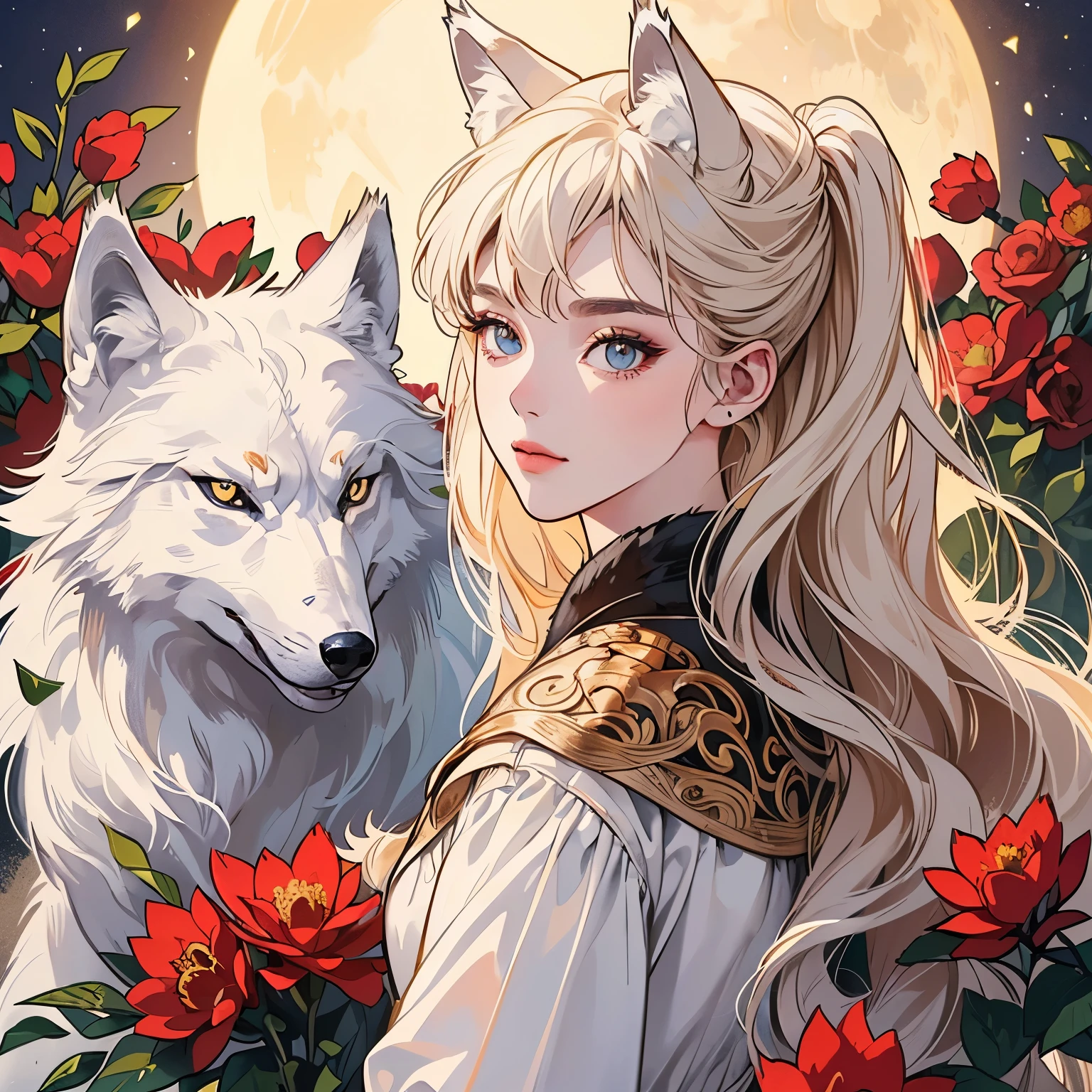 Best quality, 1 wolf, logo, background white only, emblem, 14k, intricate and detailed, frame, (((1 woman and wolf))), detailed fur, sparkling eyes, corporate logo, golden, panoramic, long shot, front, red flowers, head shot, looking at viewer,  beautiful goddess, Very detailed hair, MOON, Pale Lighting, Top Quality,  (((Various hairstyles)))