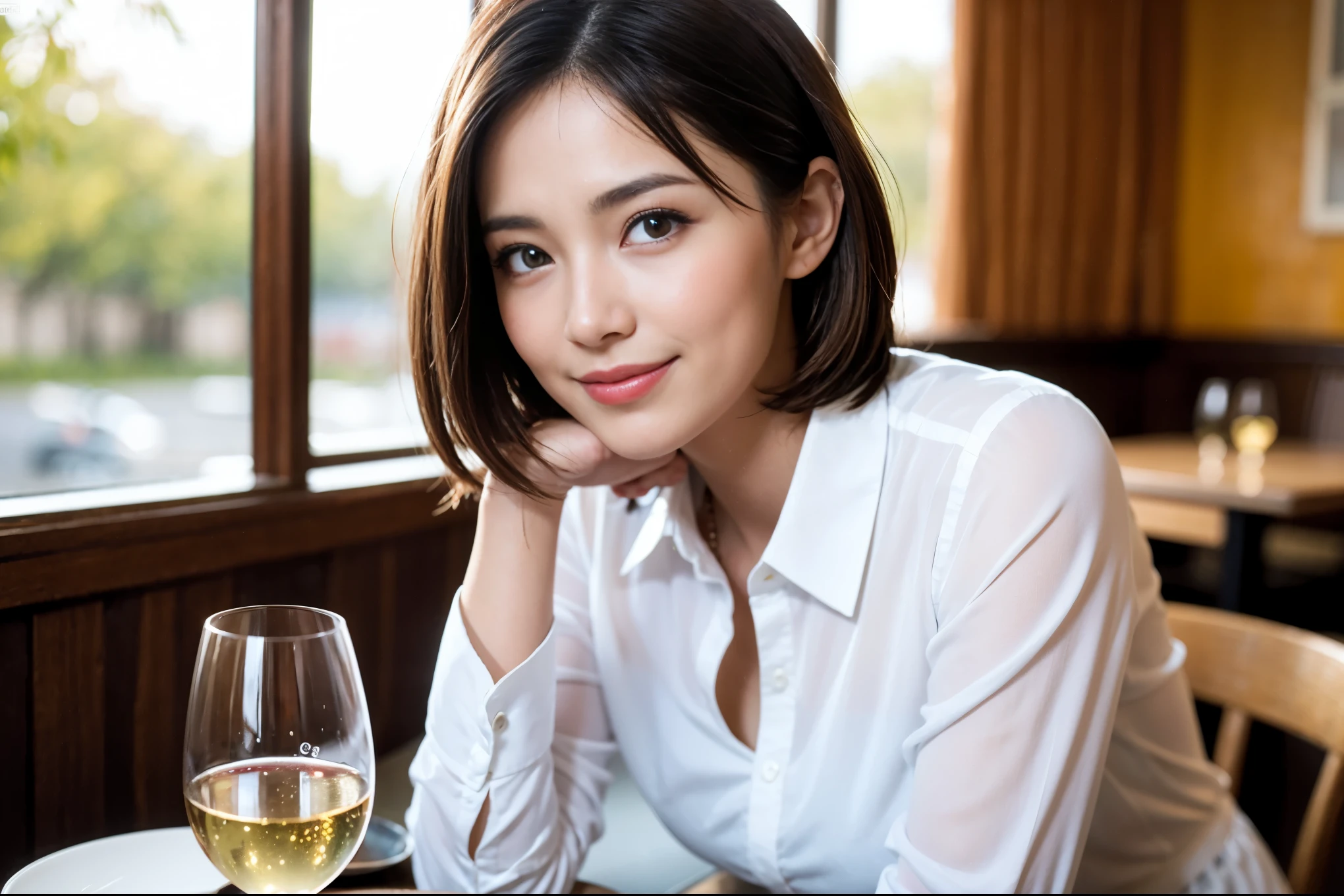 ((highest quality、8k、masterpiece:1.3))、beauty、1 male1 female、Couple、Spouse、half、The body is slim、((Bob Hale、Straight hair:1.2)), (Realistic, Intricate details:1.2), Fullcorse Dinner,Wine glass on the table、Shine light on your face、 Amazing view of the sunset sky and clouds、A bright smile、The wonderfulness of smile、Bright image、The beauty of wine, Beautiful Face, blue eyes, The light shines on your face, Blushing, short hair,Bright Face、 (Age 45), 39 years old, red wine 、Appetizers、Italian food、Wine bottle、Champagne、sparkling wine、Two beauties、Brown Hair、Shortcuts、Long sleeve shirt、dress、Pretty Woman 1, (Slim face), (The body is slim), (Brown Hair), (Shortcuts), cheeks turn a little red,Attractive beauty、restaurant, In a prominent place (From the waist up) Nova Frog Style, actress, model, Upper Body, White wine, slim, wine glass, A wine glass placed in the center, smile, (smile: 1.15), Beautiful fine grain, Depth f/2,saturation, High Contrast, Strong light and shadow,Moist Body:1.5、3D texture、Delicate eyes、Brown Hair、The hair is very shiny、