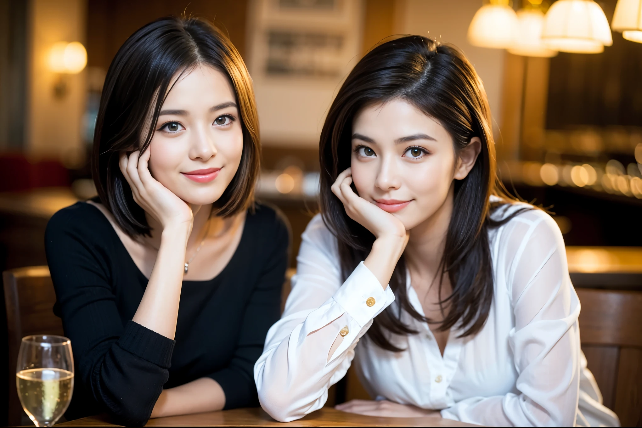 ((highest quality、8k、masterpiece:1.3))、beauty、1 male1 female、Couple、Spouse、half、The body is slim、((Bob Hale、Straight hair:1.2)), (Realistic, Intricate details:1.2), Fullcorse Dinner,Wine glass on the table、Shine light on your face、 Amazing view of the sunset sky and clouds、A bright smile、The wonderfulness of smile、Bright image、The beauty of wine, Beautiful Face, blue eyes, The light shines on your face, Blushing, short hair,Bright Face、 (Age 45), 39 years old, red wine 、Appetizers、Italian food、Wine bottle、Champagne、sparkling wine、Two beauties、Brown Hair、Shortcuts、Long sleeve shirt、dress、Pretty Woman 1, (Slim face), (The body is slim), (Brown Hair), (Shortcuts), cheeks turn a little red,Attractive beauty、restaurant, In a prominent place (From the waist up) Nova Frog Style, actress, model, Upper Body, White wine, slim, wine glass, A wine glass placed in the center, smile, (smile: 1.15), Beautiful fine grain, Depth f/2,saturation, High Contrast, Strong light and shadow,Moist Body:1.5、3D texture、Delicate eyes、Brown Hair、The hair is very shiny、