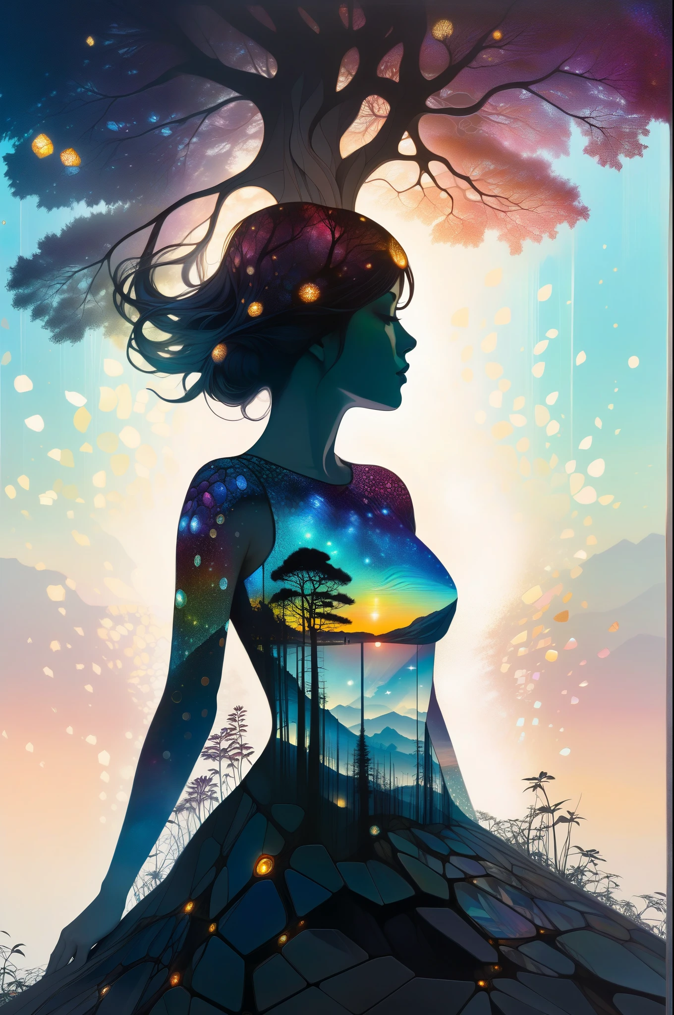 Futuristic utopia, Adventure, Aether, Kraken, Nebula, Verdant, Canvas, Spontaneous Human Combustion, Voyage, Lovely, Grateful, (Double exposure:1.3) photo of a lady made of mosaic of iridescent crystal glass with sub scattering mirror surface imposing onto transparent tree hollow trunk in living brocade underbust dress made out of flowers, bokeh sky by Peter Gric, Conrad Roset, Brandon Kidwell, Andreas Lie, Dan Mountford, Dan Witz, Agnes Cecile, Jeremy Mann, fine art, super dramatic moonshine, silhouette photo illustration, amazing depth, intricate detailed fine cracked surface, stunning atmosphere, mesmerizing whimsical vibrant scenery, complex masterwork by head of prompt engineering
