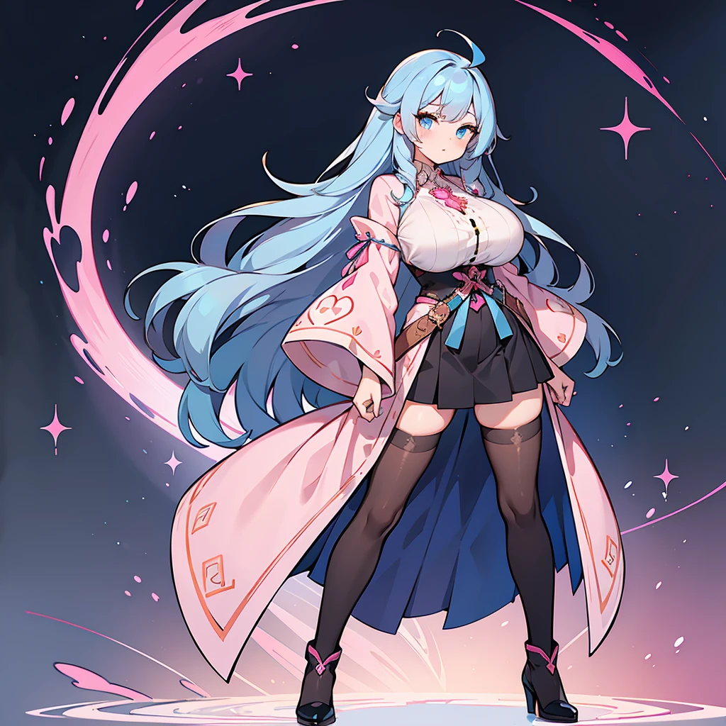 woman wearing a fantasy pink mage robe, gigantic massive huge oversized breasts, cute face, blue hair and blue eyes, full body, thin waist, human, wearing skirt, wearing a pink embroidered shirt, cute, tall, hot, sexy, long black stockings