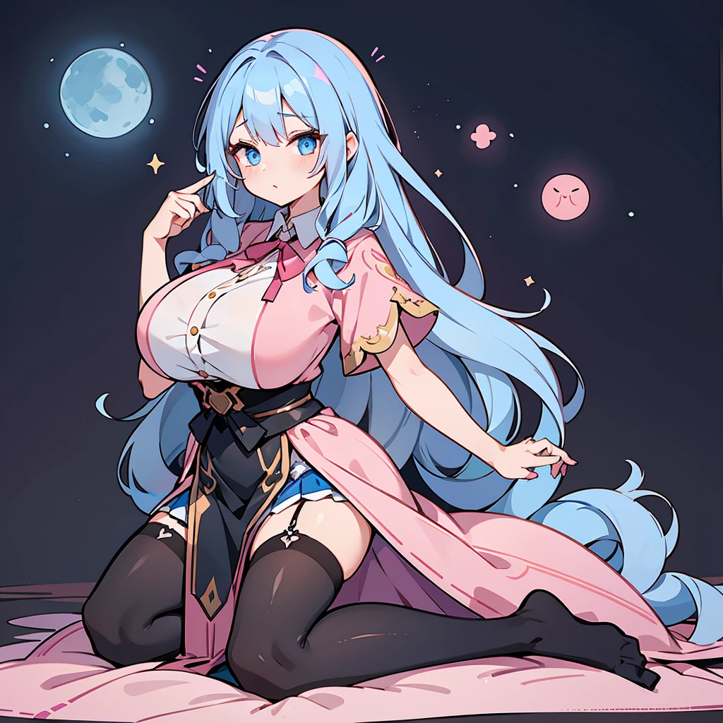 woman wearing a fantasy pink mage robe, gigantic massive huge oversized breasts, cute face, blue hair and blue eyes, full body, thin waist, human, wearing skirt, wearing a pink embroidered shirt, cute, tall, hot, sexy, long black stockings