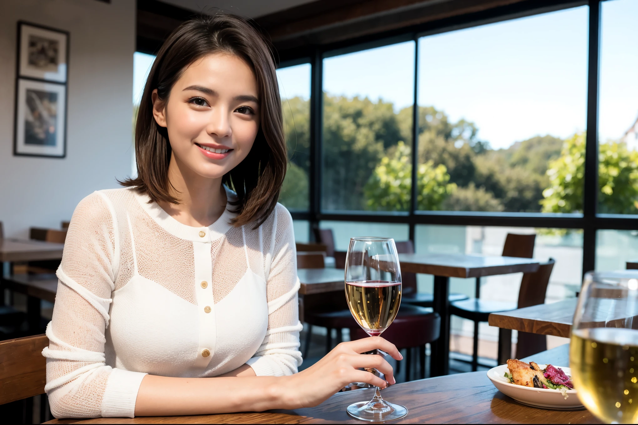 ((highest quality、8k、masterpiece:1.3))、beauty、1 male1 female、Couple、Spouse、half、The body is slim、((Bob Hale、Straight hair:1.2)), (Realistic, Intricate details:1.2), Fullcorse Dinner,Wine glass on the table、Shine light on your face、 Amazing view of the sunset sky and clouds、A bright smile、The wonderfulness of smile、Bright image、The beauty of wine, Beautiful Face, blue eyes, The light shines on your face, Blushing, short hair,Bright Face、 (Age 45), 39 years old, red wine 、Appetizers、Italian food、Wine bottle、Champagne、sparkling wine、Two beauties、Brown Hair、Shortcuts、Long sleeve shirt、dress、Pretty Woman 1, (Slim face), (The body is slim), (Brown Hair), (Shortcuts), cheeks turn a little red,Attractive beauty、restaurant, In a prominent place (From the waist up) Nova Frog Style, actress, model, Upper Body, White wine, slim, wine glass, A wine glass placed in the center, smile, (smile: 1.15), Beautiful fine grain, Depth f/2,saturation, High Contrast, Strong light and shadow,Moist Body:1.5、3D texture、Delicate eyes、Brown Hair、The hair is very shiny、