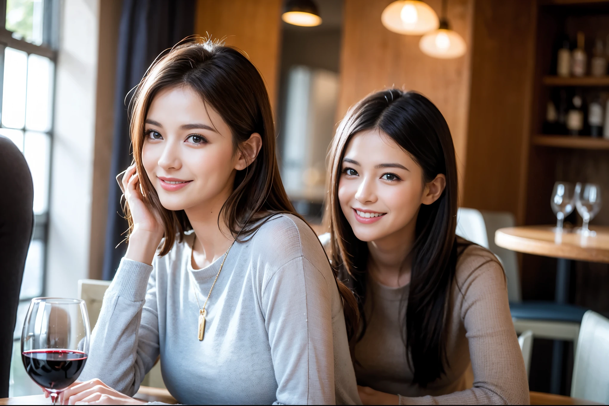 ((highest quality、8k、masterpiece:1.3))、beauty、1 male1 female、Couple、Spouse、half、The body is slim、((Bob Hale、Straight hair:1.2)), (Realistic, Intricate details:1.2), Fullcorse Dinner,Wine glass on the table、Shine light on your face、 Amazing view of the sunset sky and clouds、A bright smile、The wonderfulness of smile、Bright image、The beauty of wine, Beautiful Face, blue eyes, The light shines on your face, Blushing, short hair,Bright Face、 (Age 45), 39 years old, red wine 、Appetizers、Italian food、Wine bottle、Champagne、sparkling wine、Two beauties、Brown Hair、Shortcuts、Long sleeve shirt、dress、Pretty Woman 1, (Slim face), (The body is slim), (Brown Hair), (Shortcuts), cheeks turn a little red,Attractive beauty、restaurant, In a prominent place (From the waist up) Nova Frog Style, actress, model, Upper Body, White wine, slim, wine glass, A wine glass placed in the center, smile, (smile: 1.15), Beautiful fine grain, Depth f/2,saturation, High Contrast, Strong light and shadow,Moist Body:1.5、3D texture、Delicate eyes、Brown Hair、The hair is very shiny、