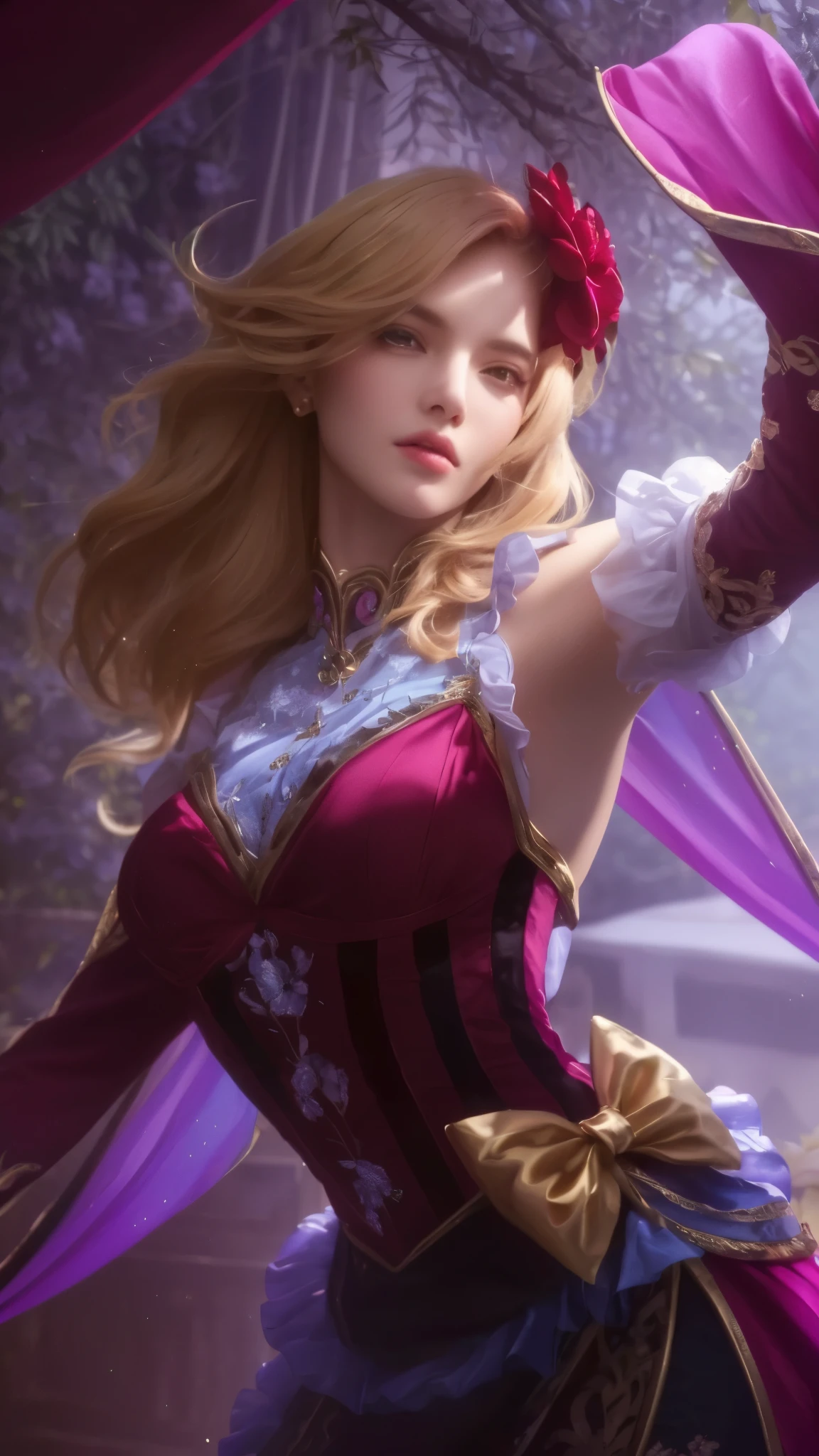 a woman in a pink dress, blonde hair, beautiful detailed eyes, beautiful detailed lips, extremely detailed face, longeyelashes, elegant pose, serene expression, sunlit garden, lush foliage, blooming flowers, soft lighting, vibrant colors, (best quality,4k,8k,highres,masterpiece:1.2),ultra-detailed,(realistic,photorealistic,photo-realistic:1.37),portrait