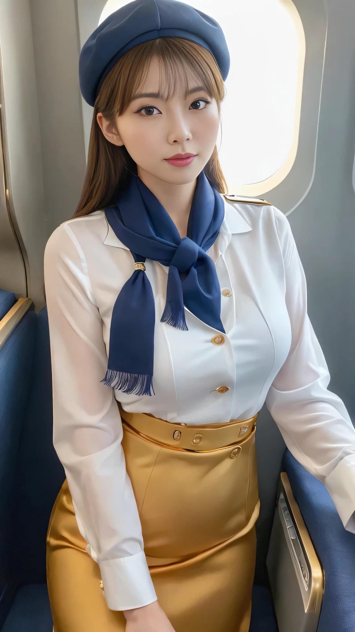 (8k, best quality, masterpiece, golden ratio composition,:1.3), (Zoom out shot:1.2), (A beautiful Japanese mature woman dressed in a classic flight attendant uniform, uniform is navy blue with a matching small beret, white blouse, red neck scarf, neatly styled hair ,light makeup), (huge breasts), standing in an airplane cabin