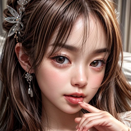 (highest quality,Super detailed,Physically Based Rendering:1.2), Realistic,Portraiture,Beautiful young woman with long wavy hair and captivating eyes,Delicate facial features,Soft lighting, Vibrant colors, ((Playfully licking fingers with tongue, Gently placing a finger in the mouth)),Subtle expressions of joy and anticipation,Romantic atmosphere, (Close-up shot of sensual lips),Cheeks turn slightly red,Sensual and sophisticated,A gentle and captivating gaze. centered