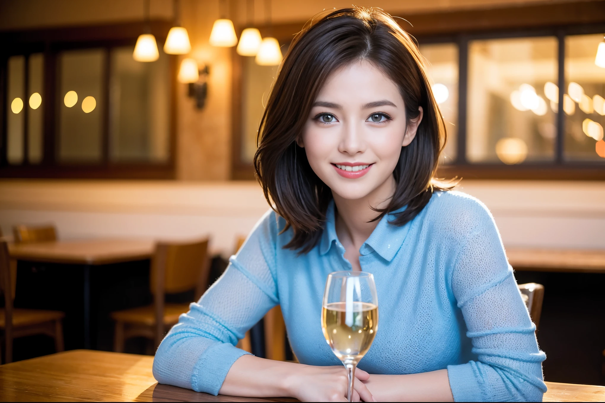 ((highest quality、8k、masterpiece:1.3))、1 male、1 female、Half Couple、Spouse、Brown Hair Couple、The body is slim、((Bob Hale、Straight hair:1.2)), (Realistic, Intricate details:1.2), Wine glass on the table、Put the light on your face、 Amazing view of the sunset sky and clouds、Amazing mountain views、A bright smile、The wonderfulness of smile、Bright image、The beauty of wine, Beautiful Face, blue eyes, The light shines on your face, Blushing, short hair,Bright Face、 (Age 37), 39 years old, red wine 、Appetizers、Italian food、Wine bottle、Champagne、sparkling wine、Two beauties、Brown Hair、Shortcuts、Long sleeve shirt、dress、Pretty Woman 1, (Slim face), (The body is slim), (Brown Hair), (Shortcuts), cheeks turn a little red,Attractive beauty、restaurant, In a prominent place (From the waist up) Nova Frog Style, actress, model, Upper Body, White wine, slim, wine glass, A wine glass placed in the center, smile, (smile: 1.15), Beautiful fine grain, Depth f/2,saturation, High Contrast, Strong light and shadow,Moist Body:1.5、3D texture、Delicate eyes、Brown Hair、The hair is very shiny、