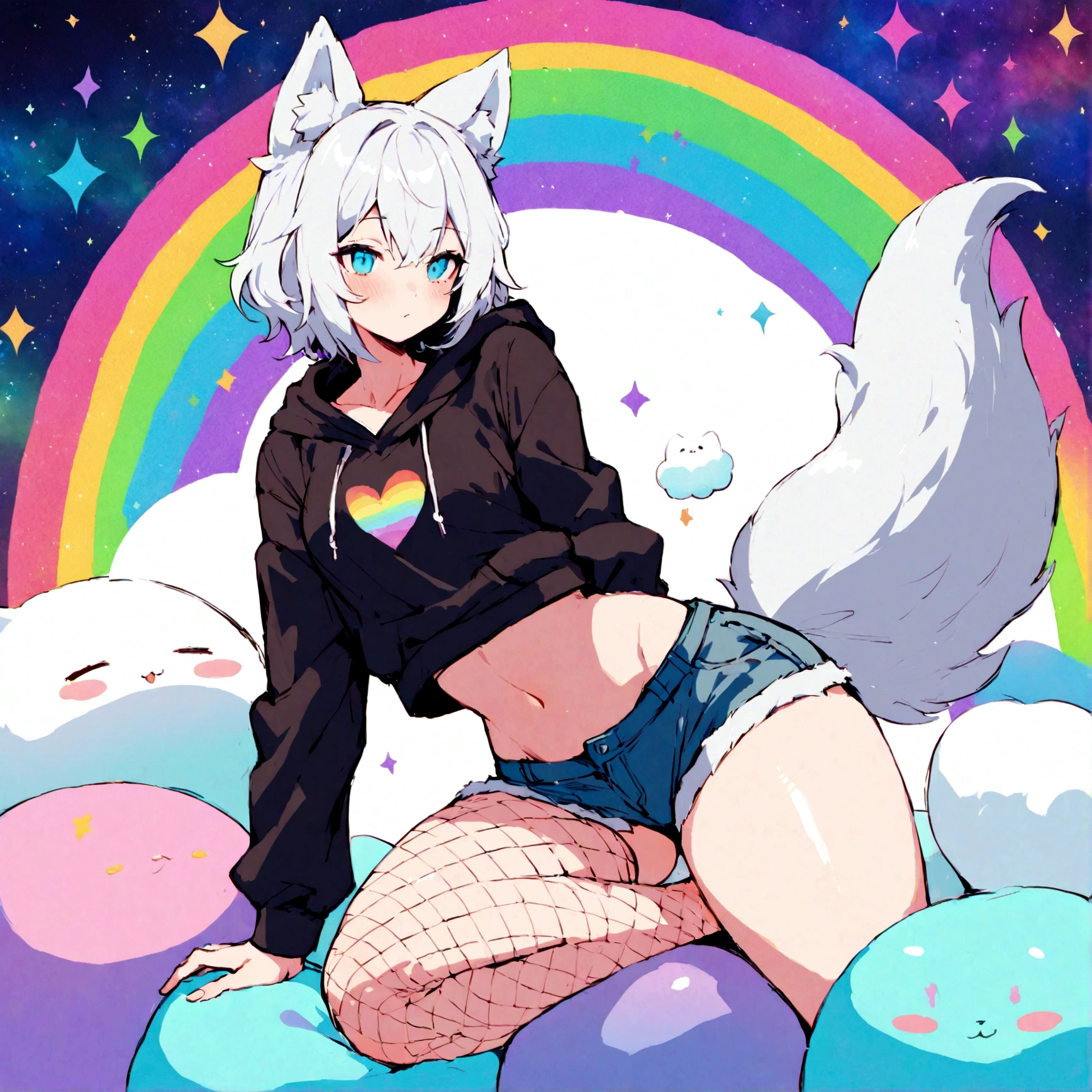 a cute adult male with wolf ears, white hair, has a wolf tail, wearing a loose cropped oversized black hoodie, wearing a pair of denim short shorts and fishnet stockings, thick thighs, wide hips, relaxing on mound of fluffy multi colored kawaii plushies, short, very slim, showing slender tummy, stretching out, heart on hoodie, squishy thighs, has glowing blue eyes. alone, solo (ALONE)(SOLO), surrounded by rainbows, colorful galaxy backround
