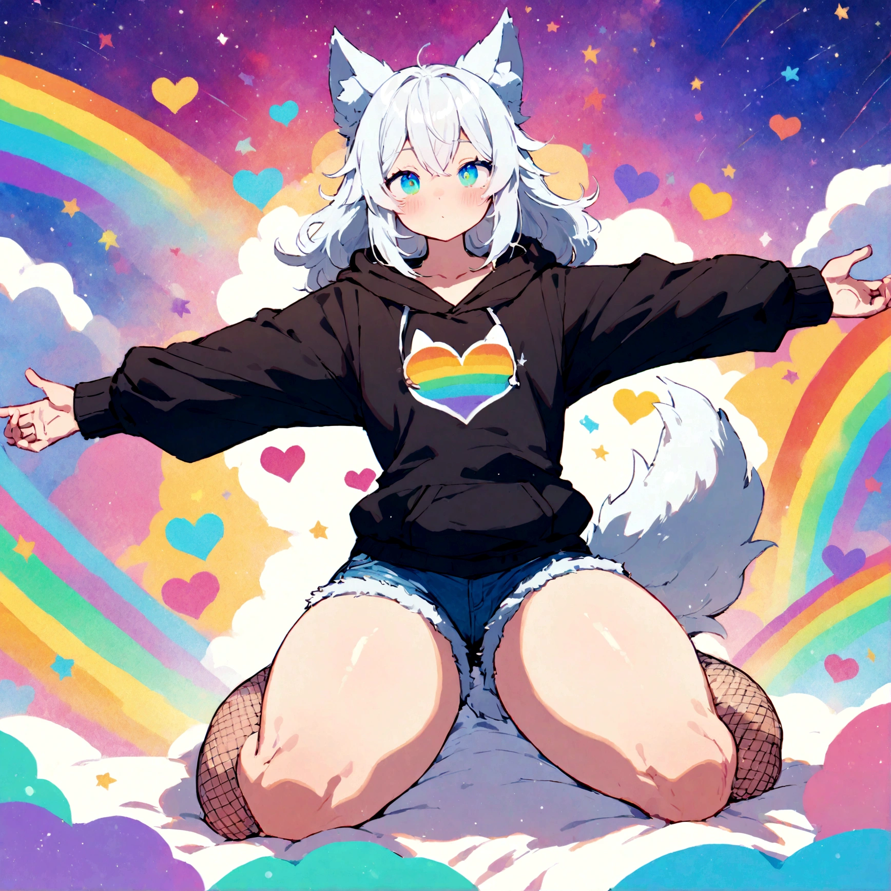 a cute adult male with wolf ears, white hair, has a wolf tail, wearing a loose cropped oversized black hoodie, wearing a pair of denim short shorts and fishnet stockings, thick thighs, wide hips, relaxing on mound of fluffy multi colored kawaii plushies, short, very slim, showing slender tummy, stretching out, heart on hoodie, squishy thighs, has glowing blue eyes. alone, solo (ALONE)(SOLO), surrounded by rainbows, colorful galaxy backround